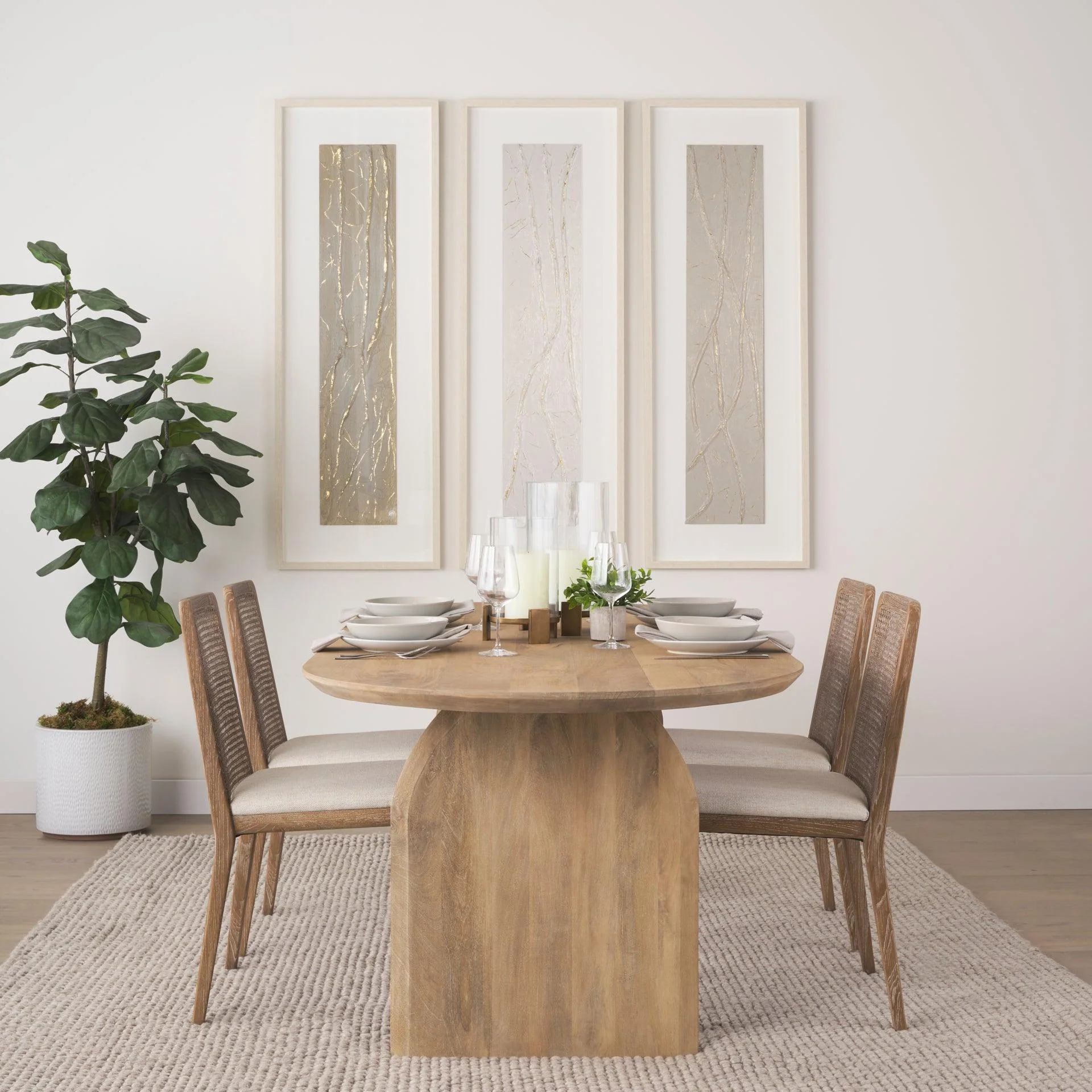Clara Light Brown Wood W/ Cream Fabric Seat and Cane Back Armless Dining Chair - Set of 2 - Remutear