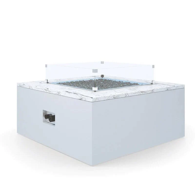 White Carrara Marble Square Fire Table Glass Surround - Remutear