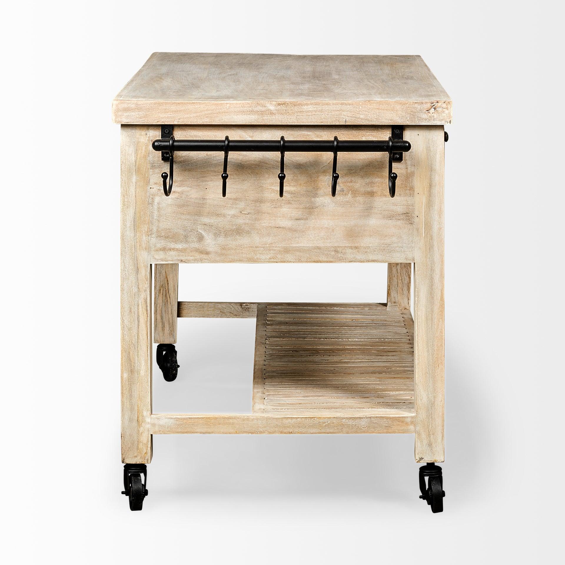 Columbia 62L x 28W x 36H I Light Brown Body w/ Black Iron Knobs Rolling Kitchen Island - Remutear
