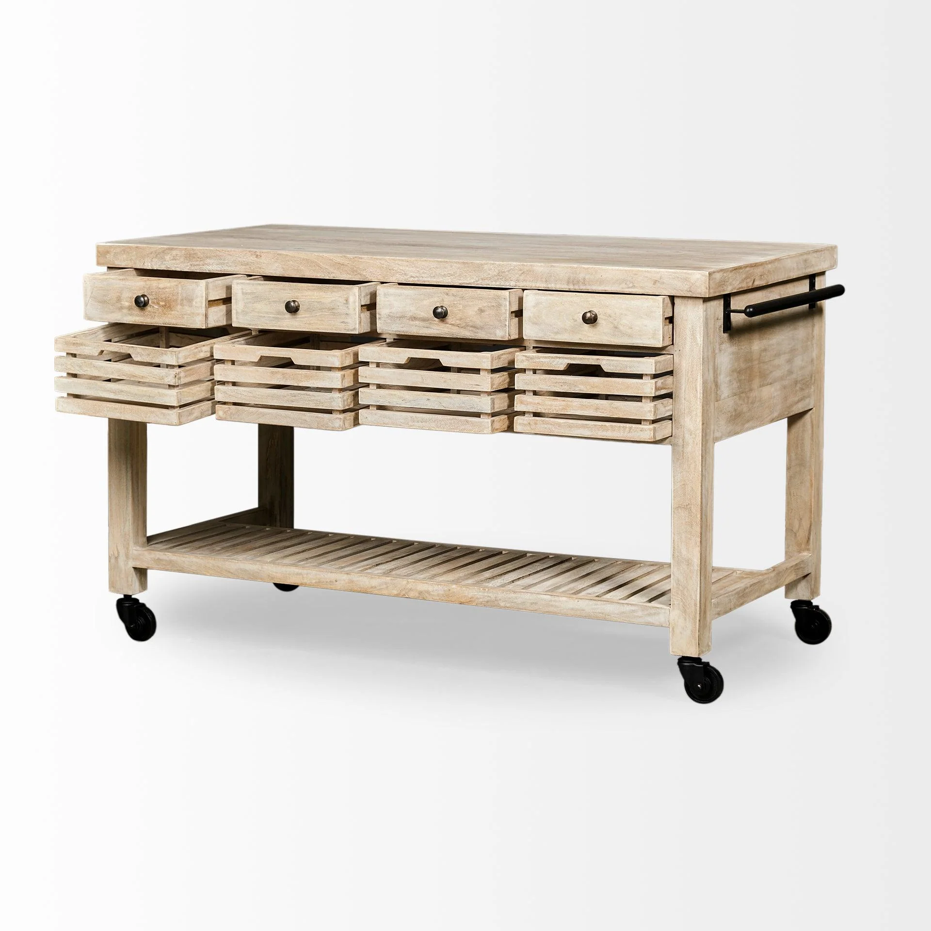 Columbia 62L x 28W x 36H I Light Brown Body w/ Black Iron Knobs Rolling Kitchen Island - Remutear