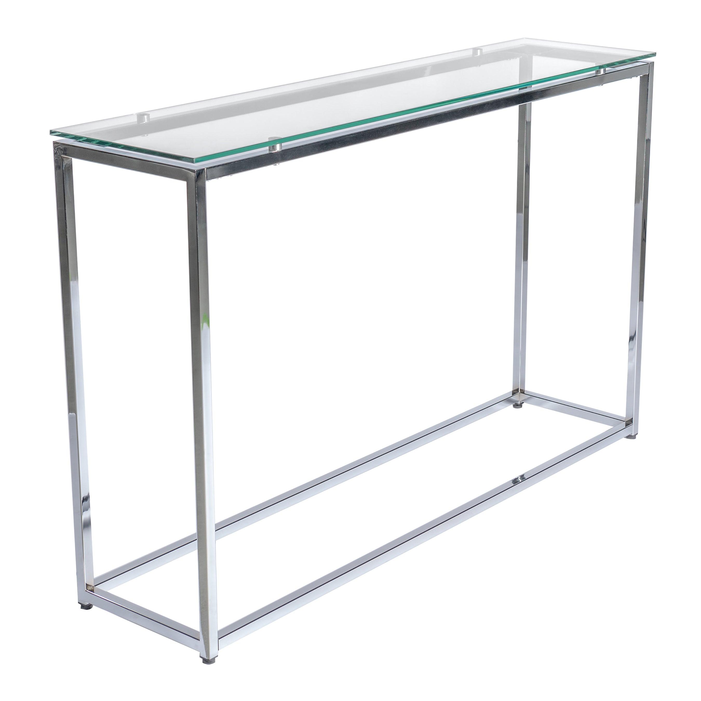 SANDOR LONG CONSOLE TABLE WITH CLEAR TEMPERED GLASS TOP AND CHROME FRAME - Remutear