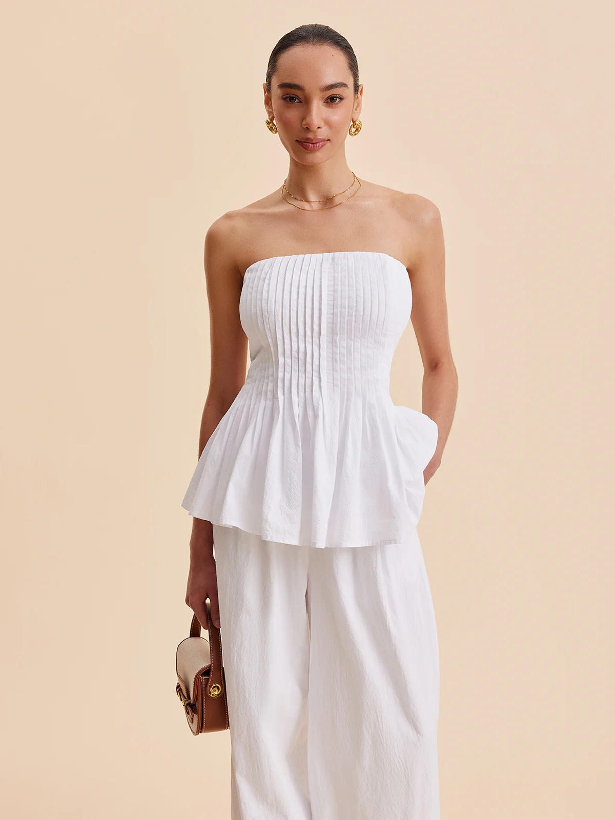 Cotton Pleated Strapless Peplum Top - Remutear