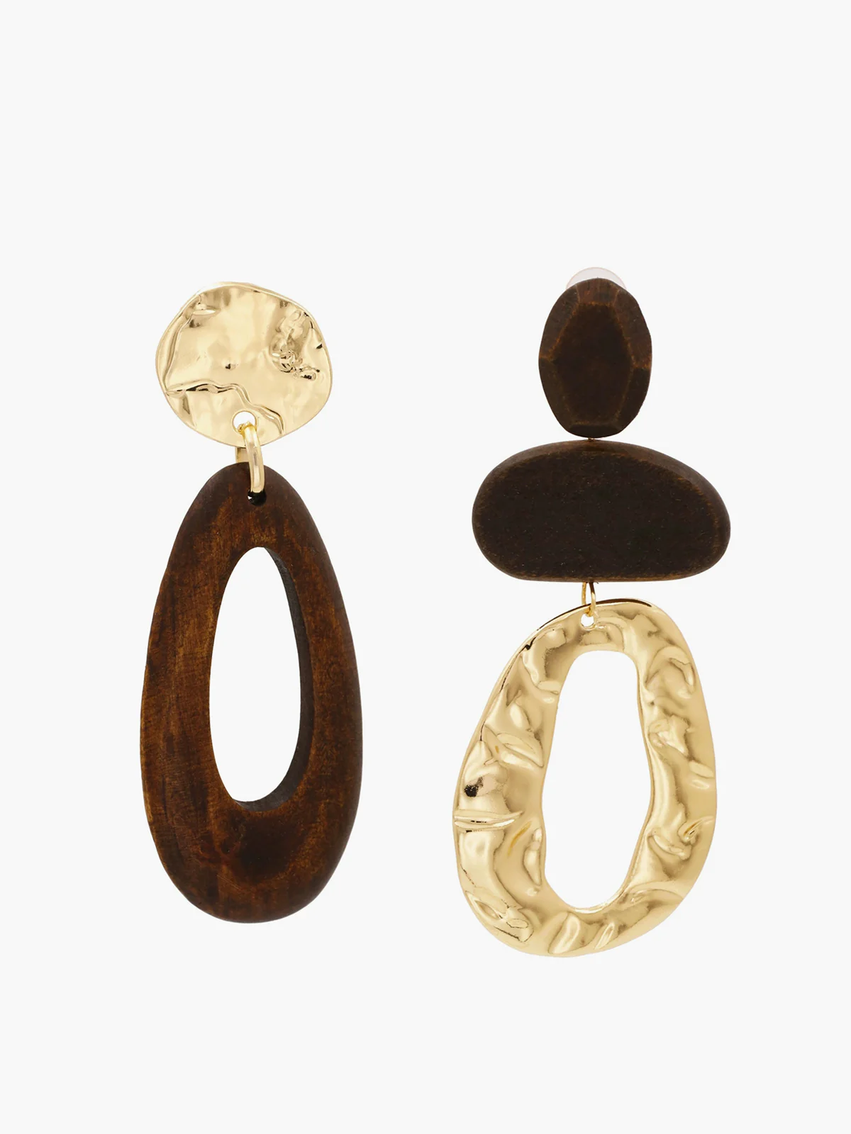 Asymmetrical Wood & Metal Drop Earrings - Remutear