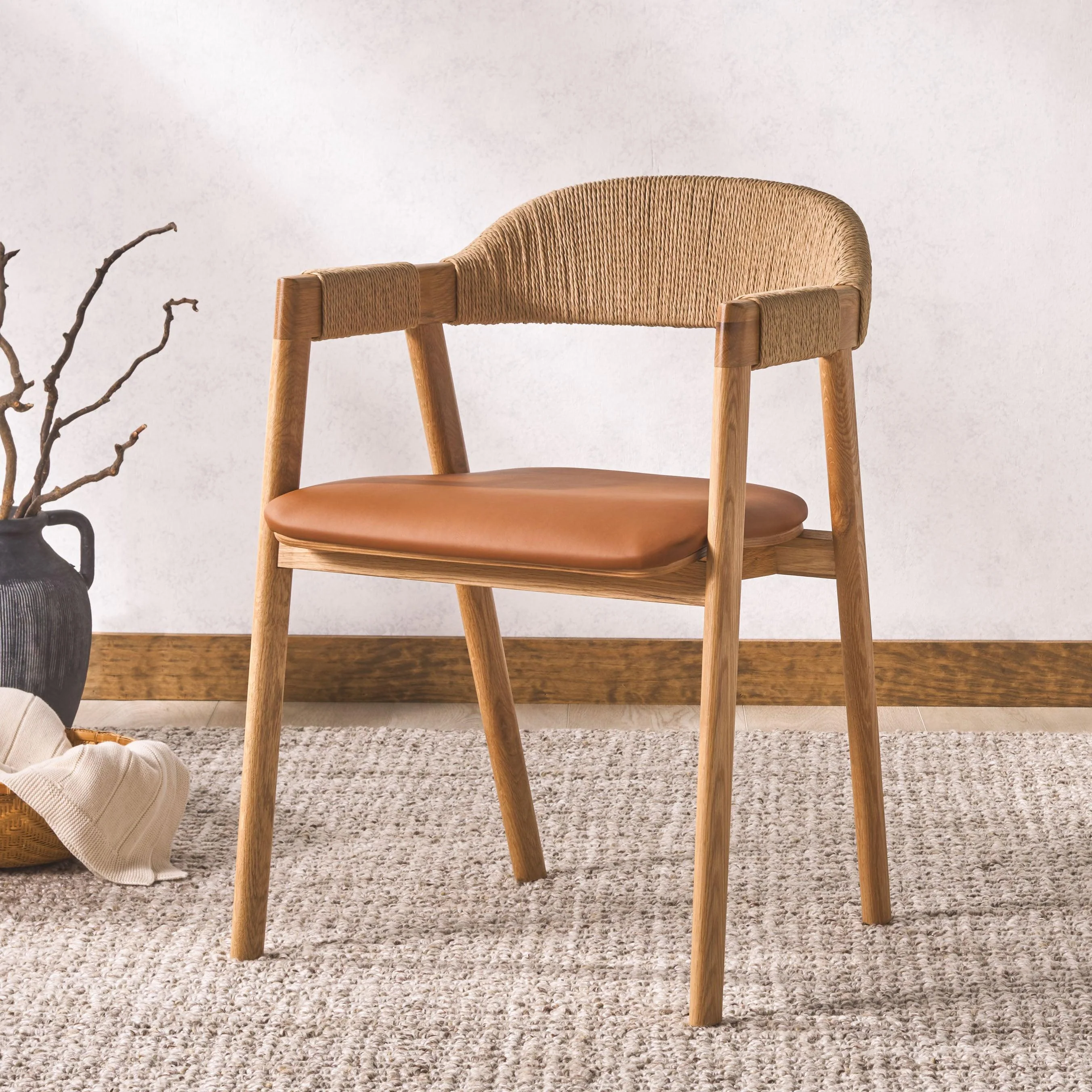 EAMON LEATHER AND CANE DINING CHAIR - Remutear