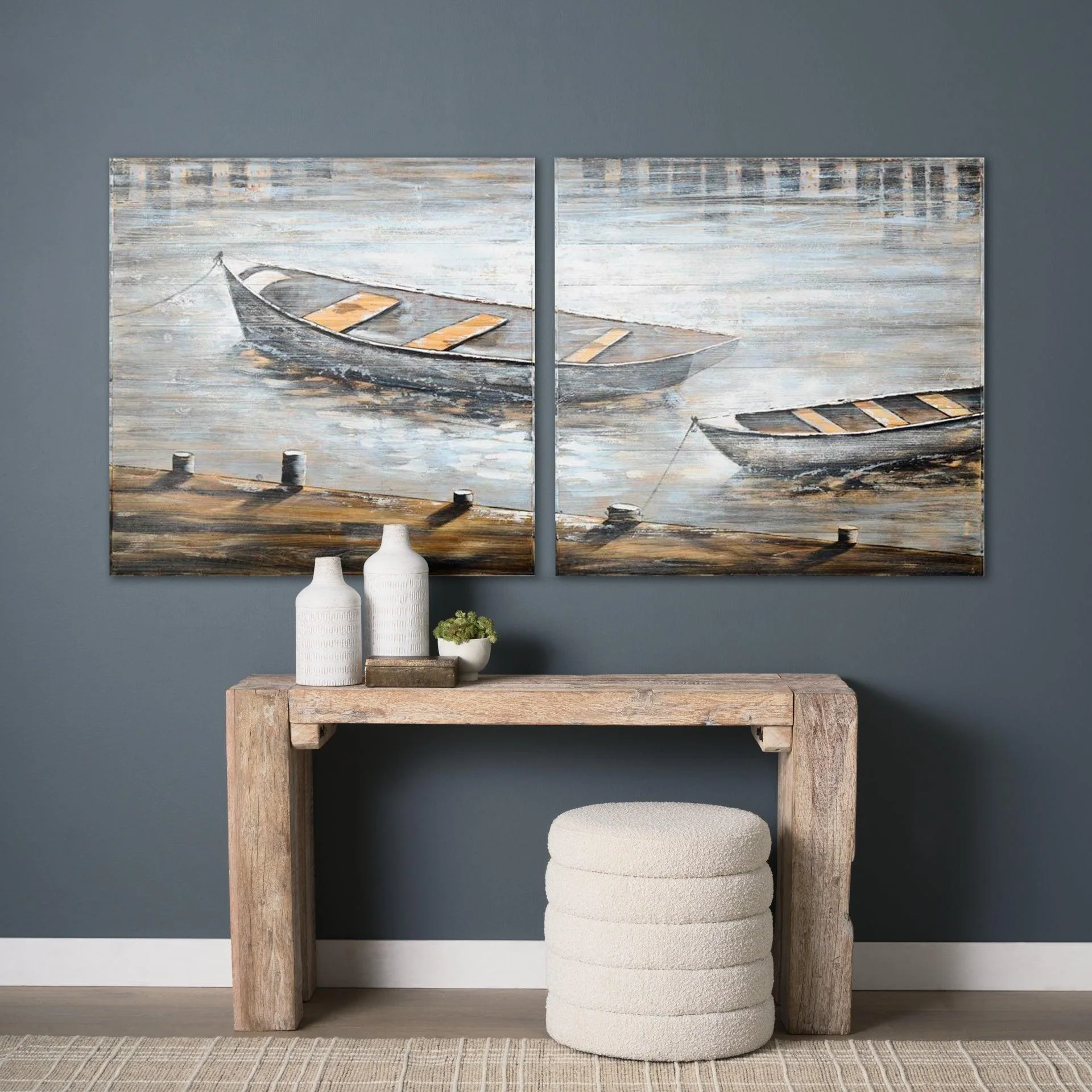 Creekside Diptych 80x40 Boats Original Hand Painted on Wood Oil Painting - Remutear