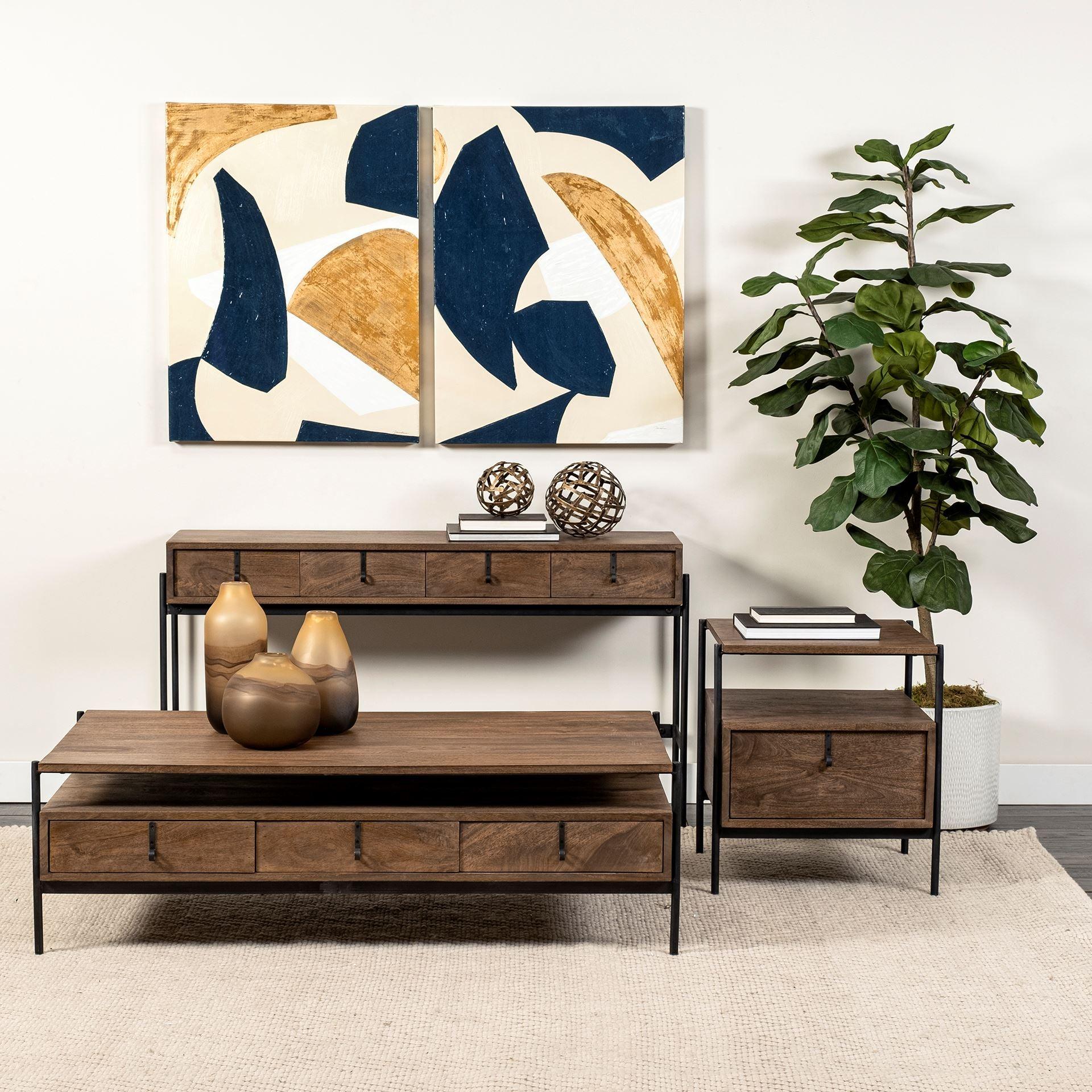 Glenn III 56L x 14W Dark Brown Wood w/ Black Iron Frame, 4 Drawer Console Table - Remutear