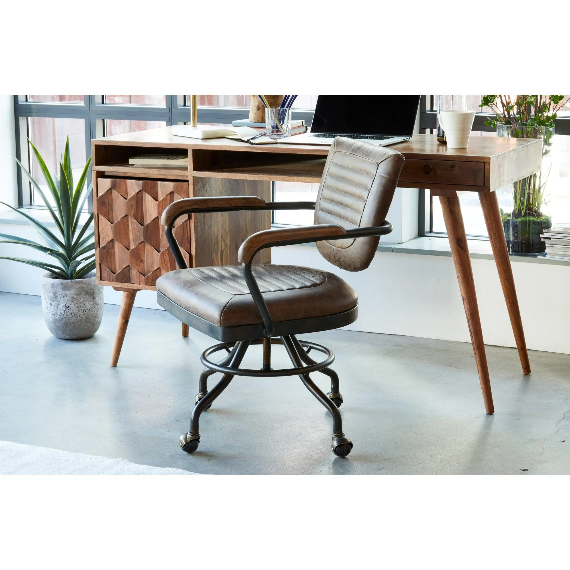 Foster Swivel Desk Chair Con Pana Brown Leather - Remutear
