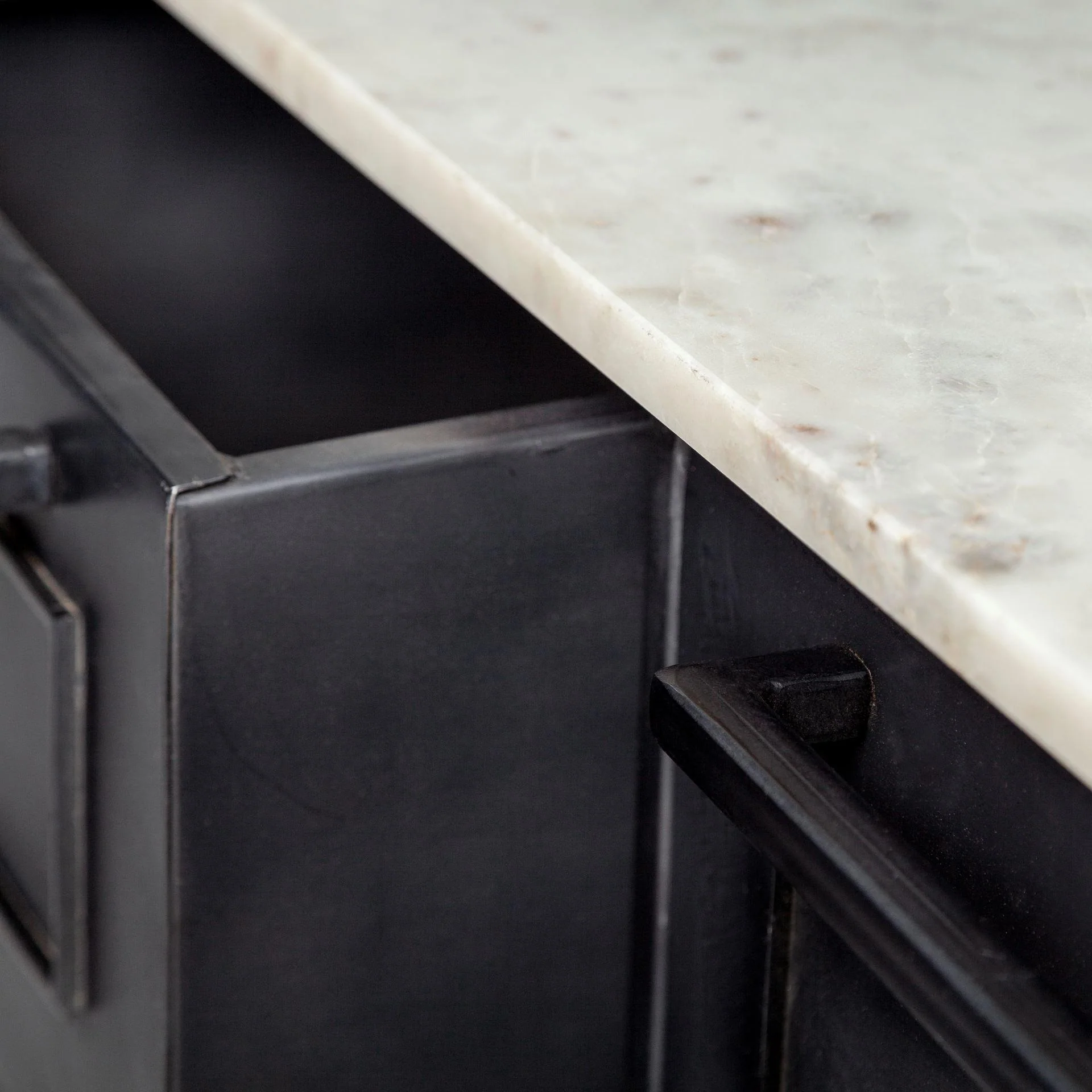 Fieri Solid Iron Black Body White Marble Top Four Drawer Kitchen Island - Remutear