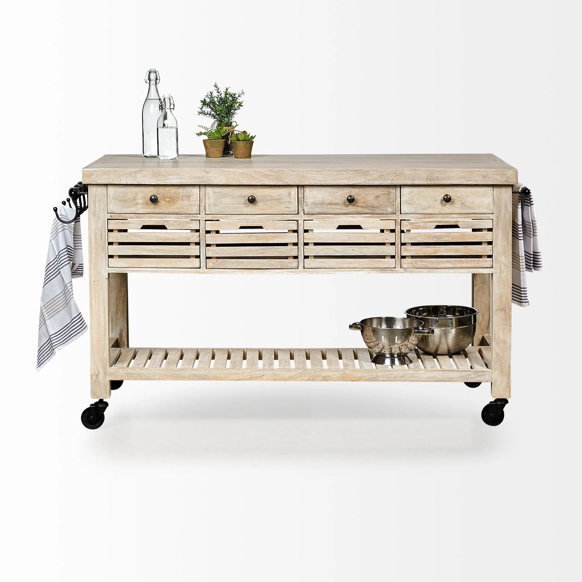 Columbia 62L x 28W x 36H I Light Brown Body w/ Black Iron Knobs Rolling Kitchen Island - Remutear