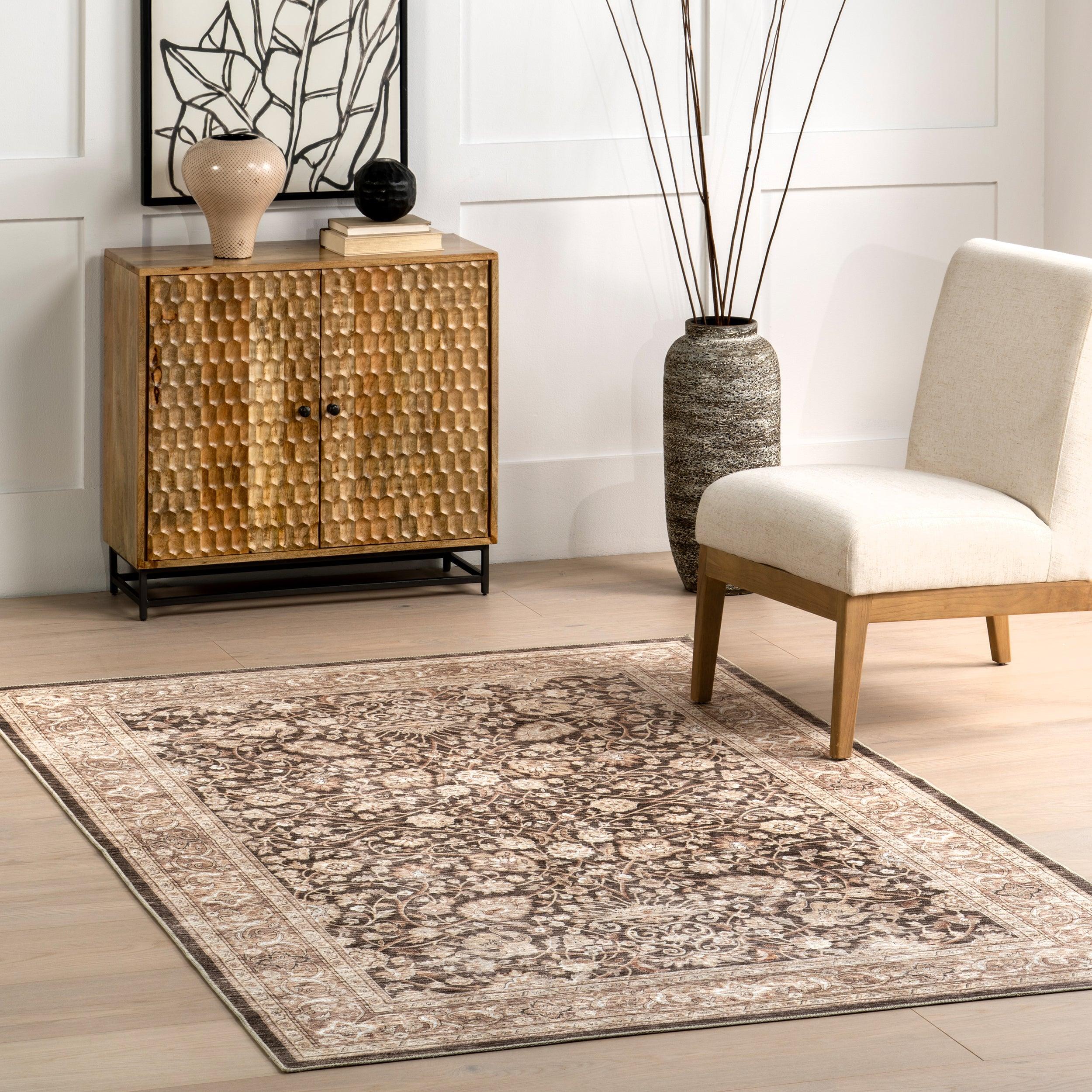 Cerise Floral Faded Stain-Resistant Machine Washable Area Rug - Remutear