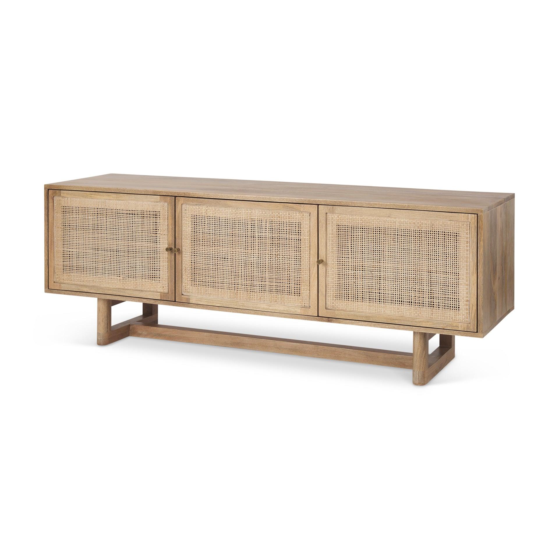 Grier Light Brown Solid Wood and Cane 3 Door Media Console - Remutear