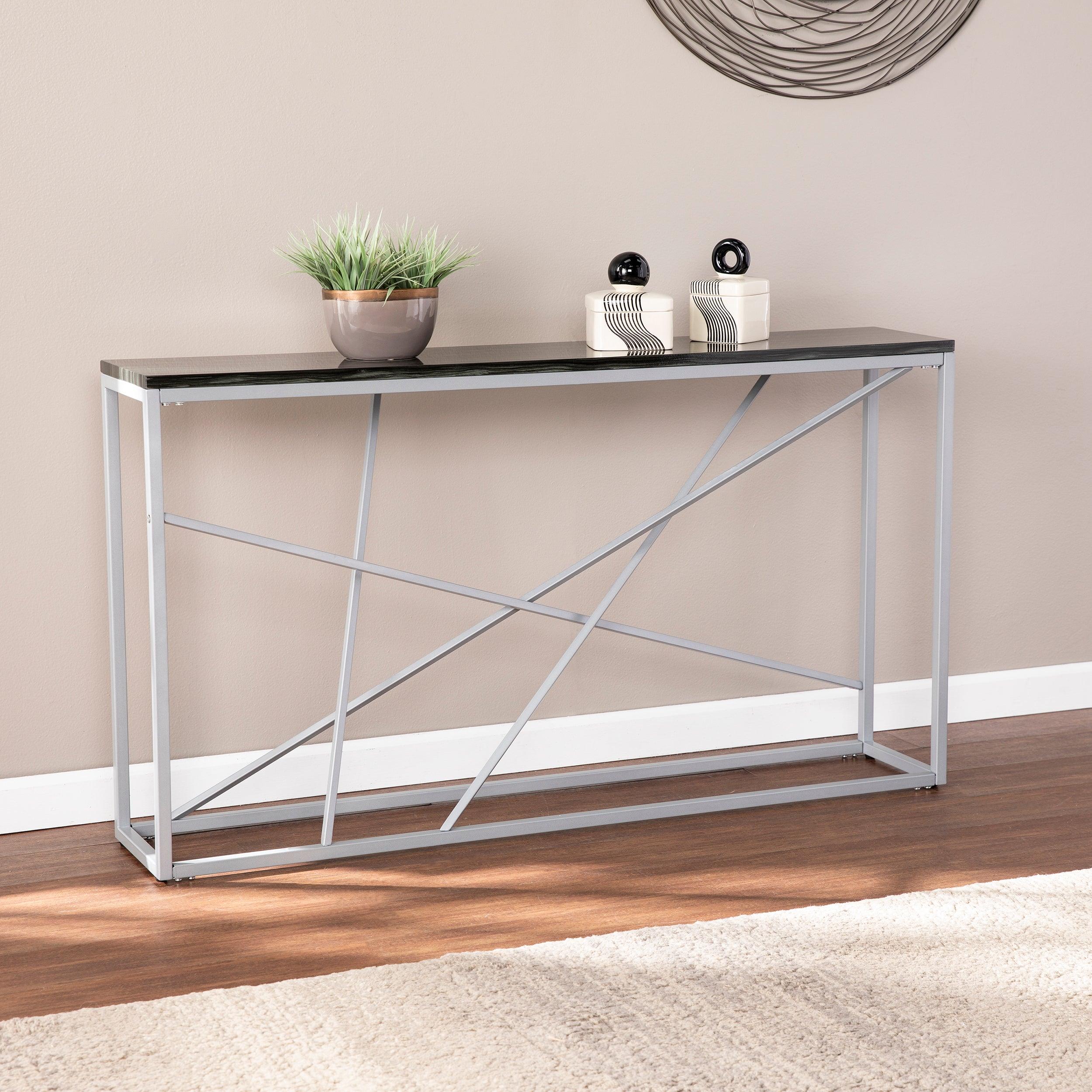 Arendal Faux Stone Skinny Console Table - Silver - Remutear