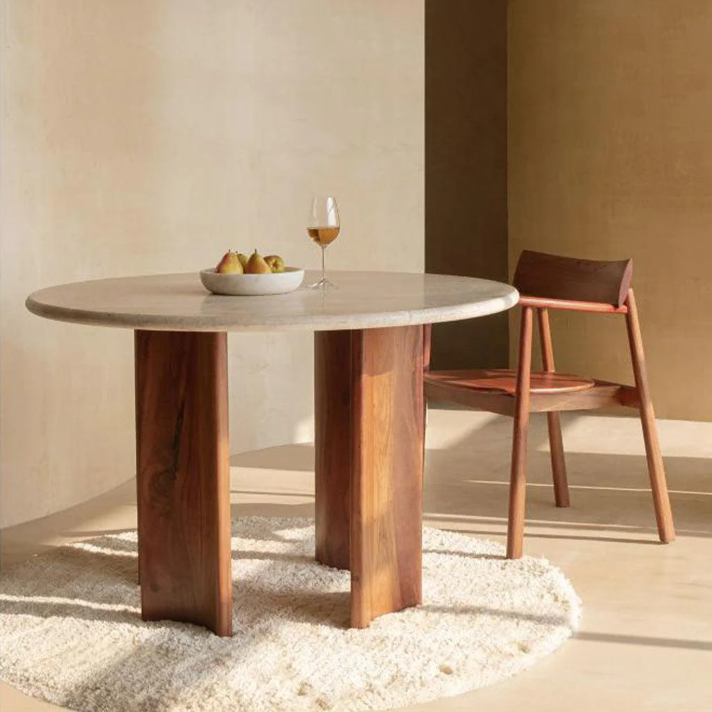 TRINSLY TRAVERTINE TOP DINING TABLE - Remutear