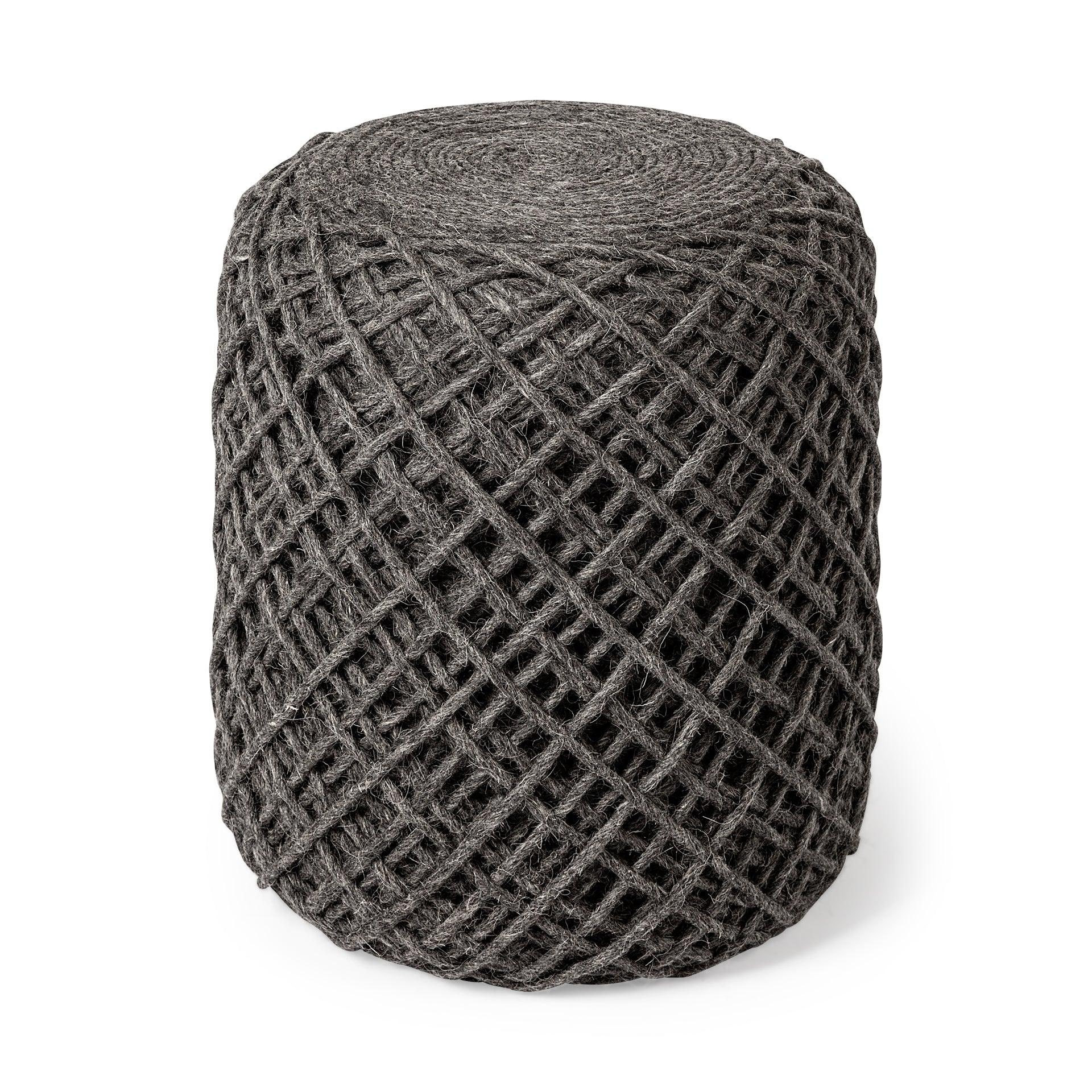 Allium Dark Gray Handwoven Wool Cylindrical Pouf - Remutear