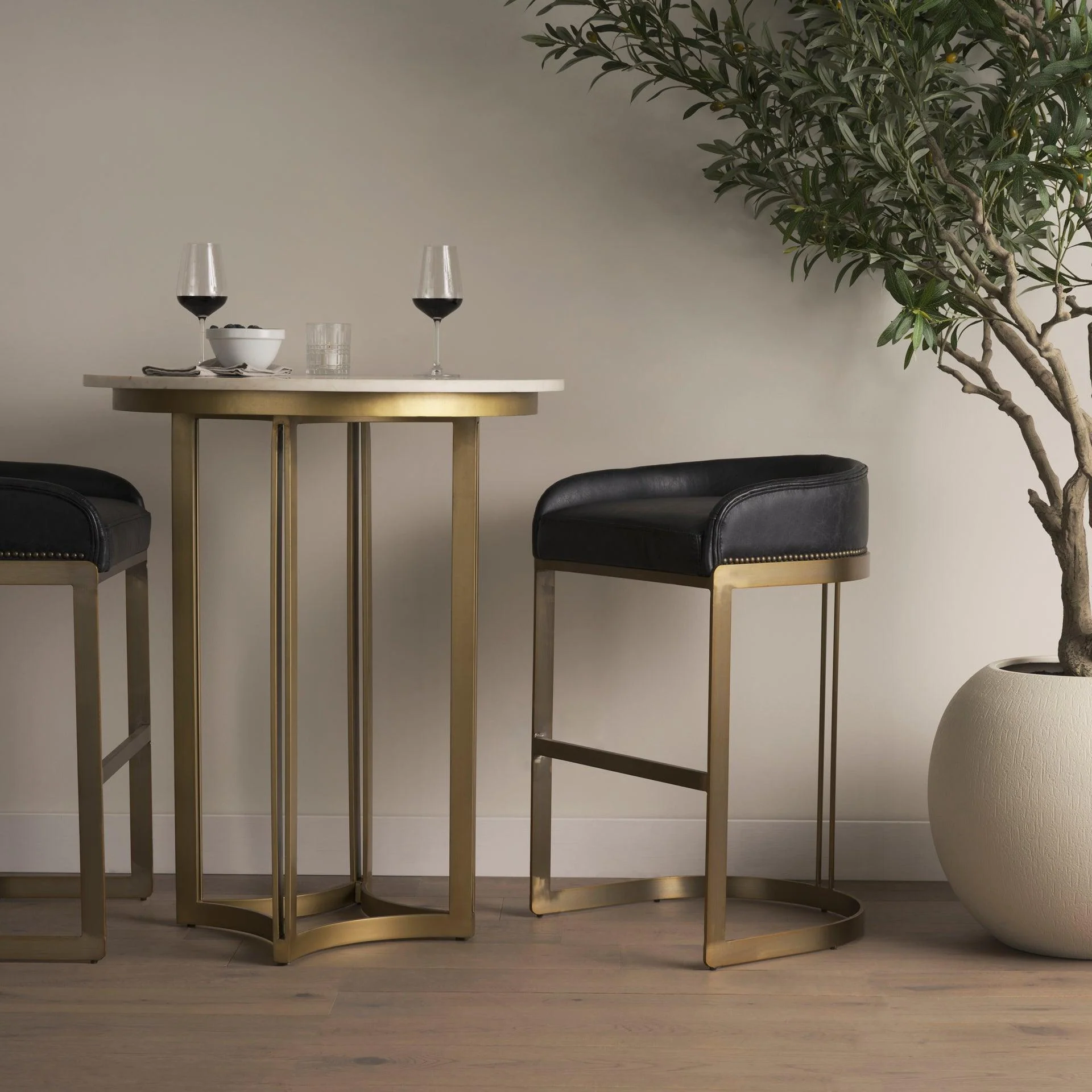 Hollyfield II Black Leather Seat Gold Metal Base Bar Stool - Remutear