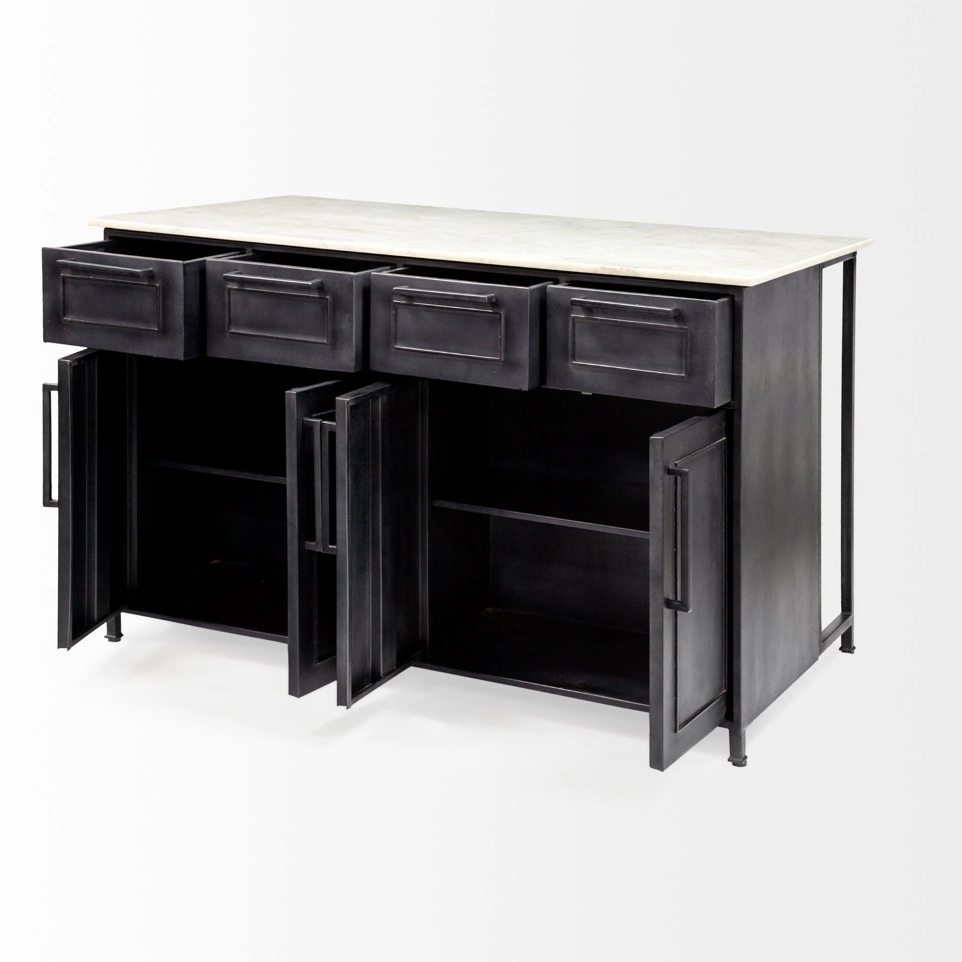 Fieri Solid Iron Black Body White Marble Top Four Drawer Kitchen Island - Remutear