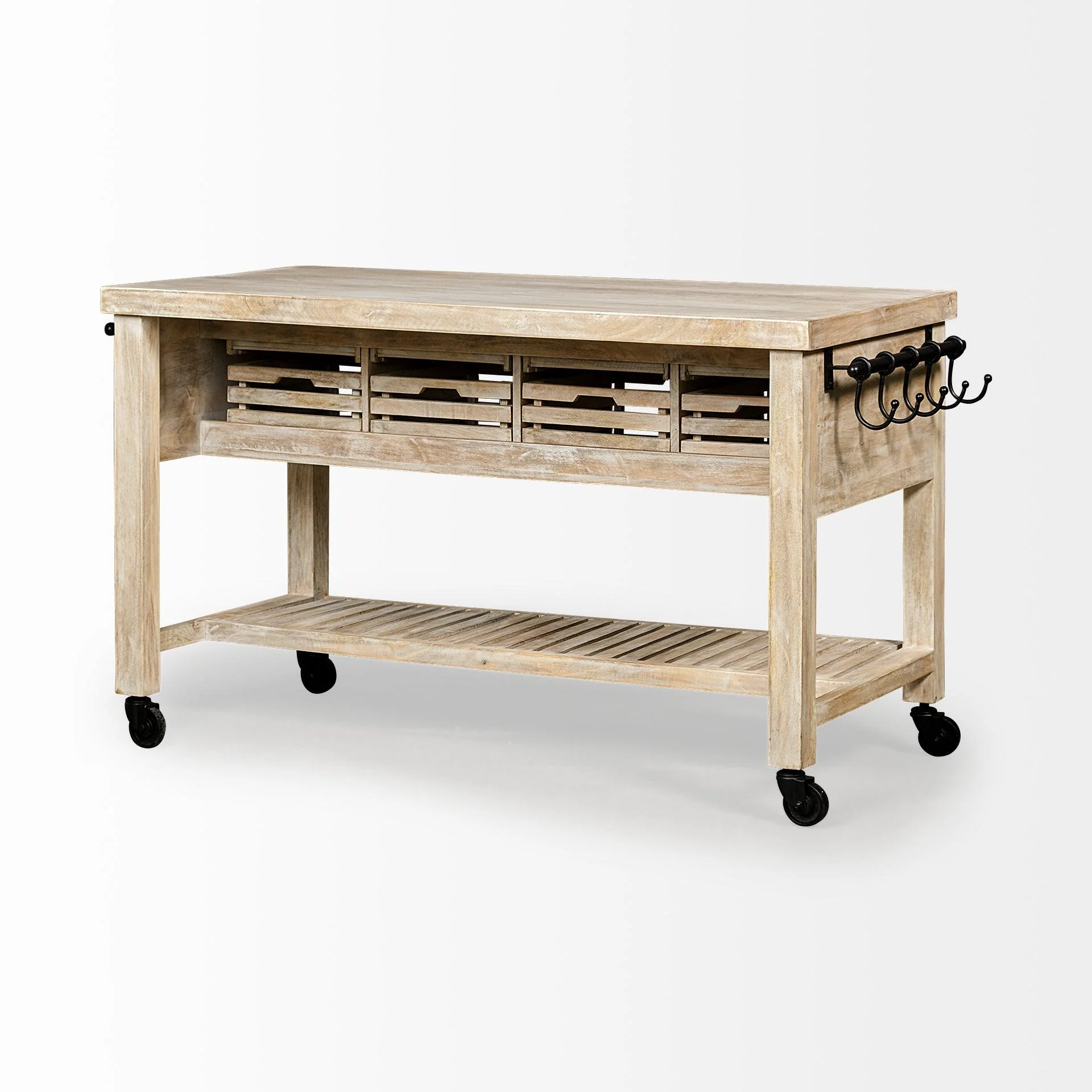 Columbia 62L x 28W x 36H I Light Brown Body w/ Black Iron Knobs Rolling Kitchen Island - Remutear