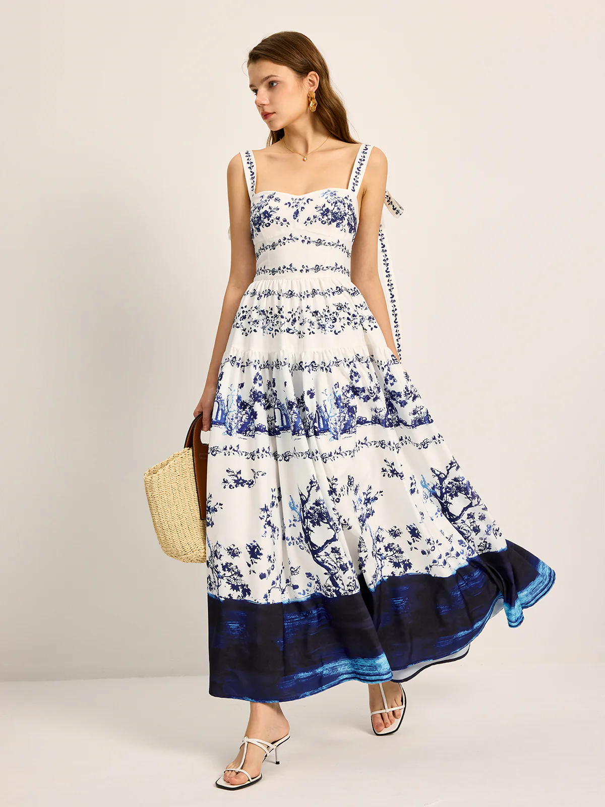 Floral Print Tie-Strap Tiered Dress - Remutear
