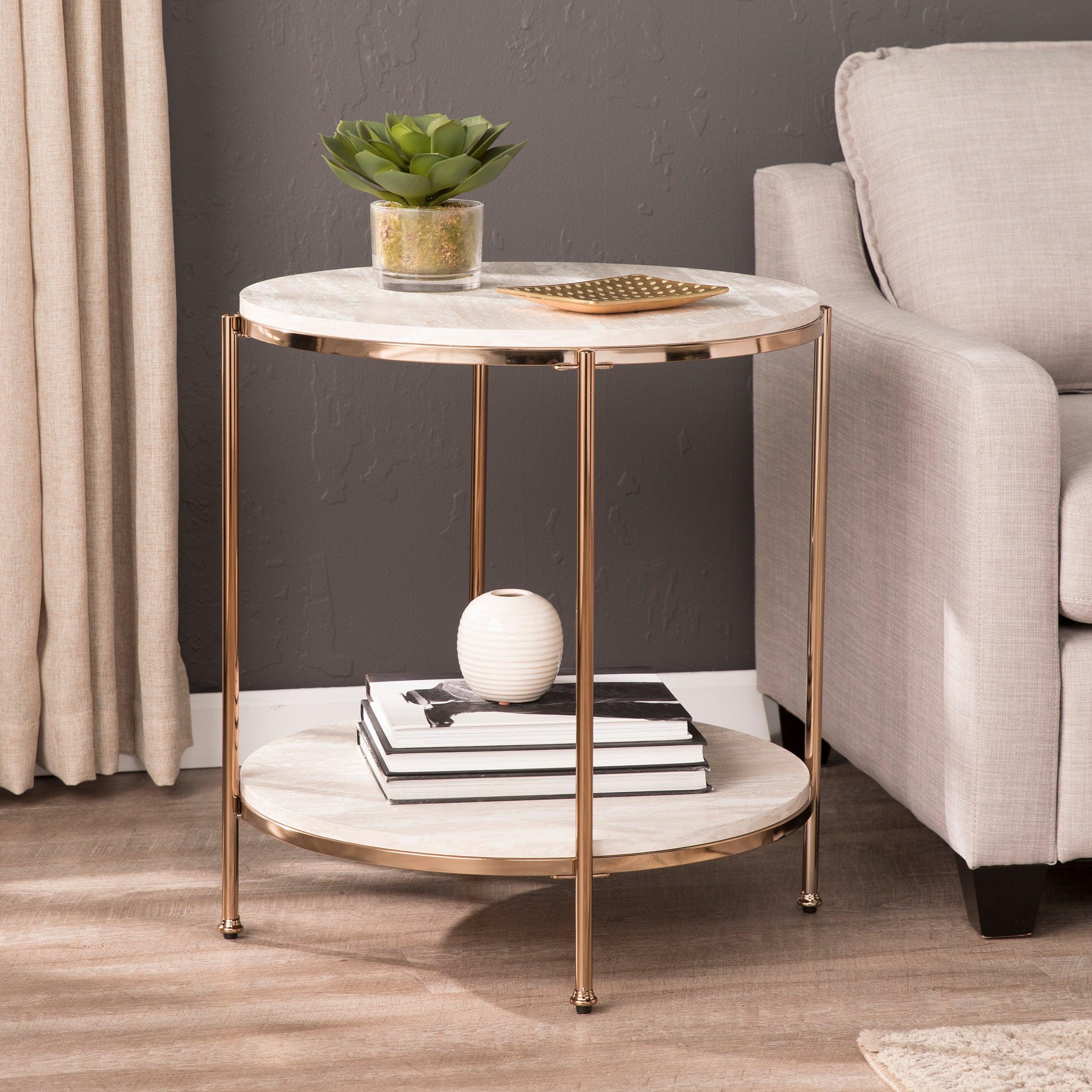 Silas Round Faux Stone End Table - Beige - Remutear