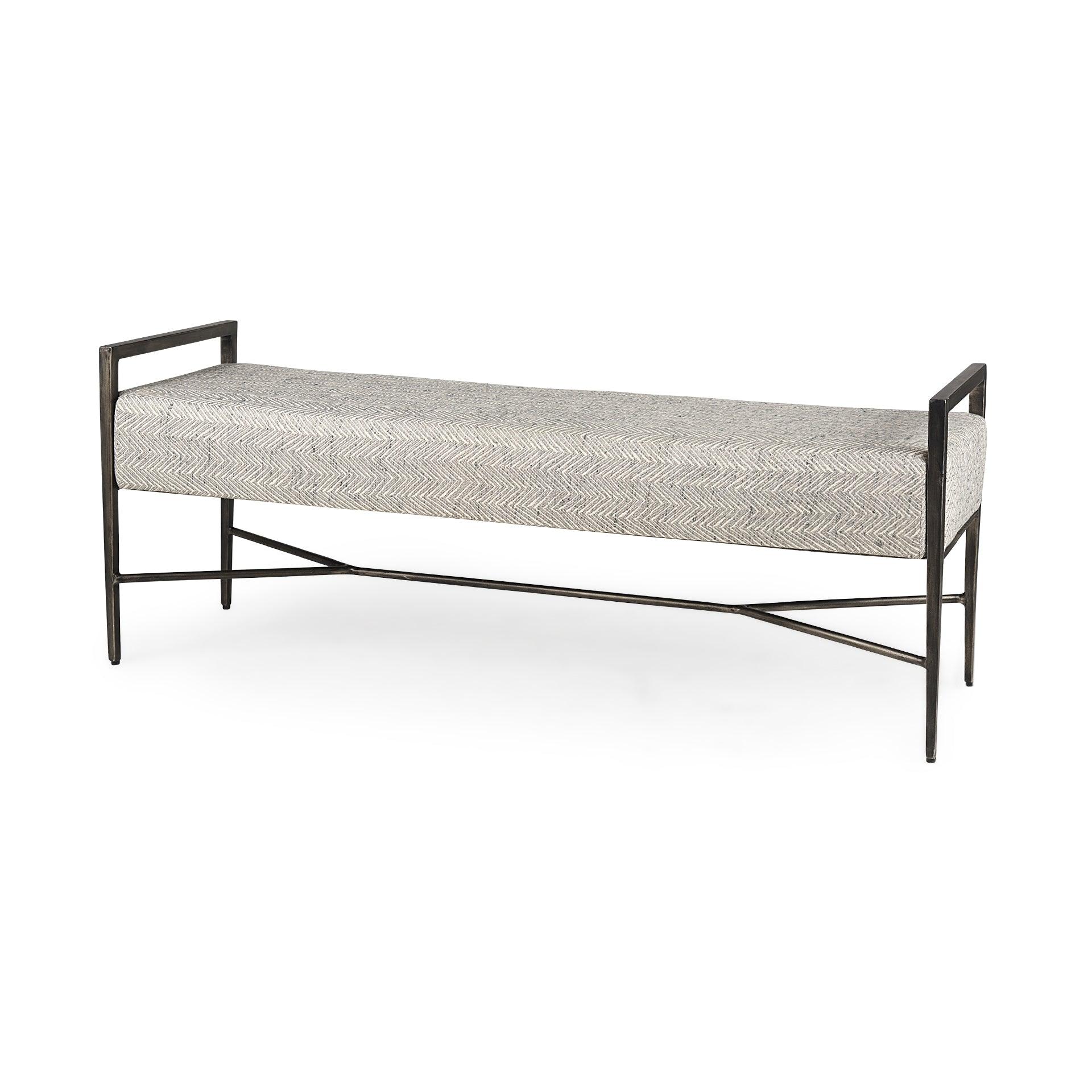 Charlotte  55.0L Gray Herringbone Fabric Seat w/ Antique Nickel Metal Frame Bench - Remutear