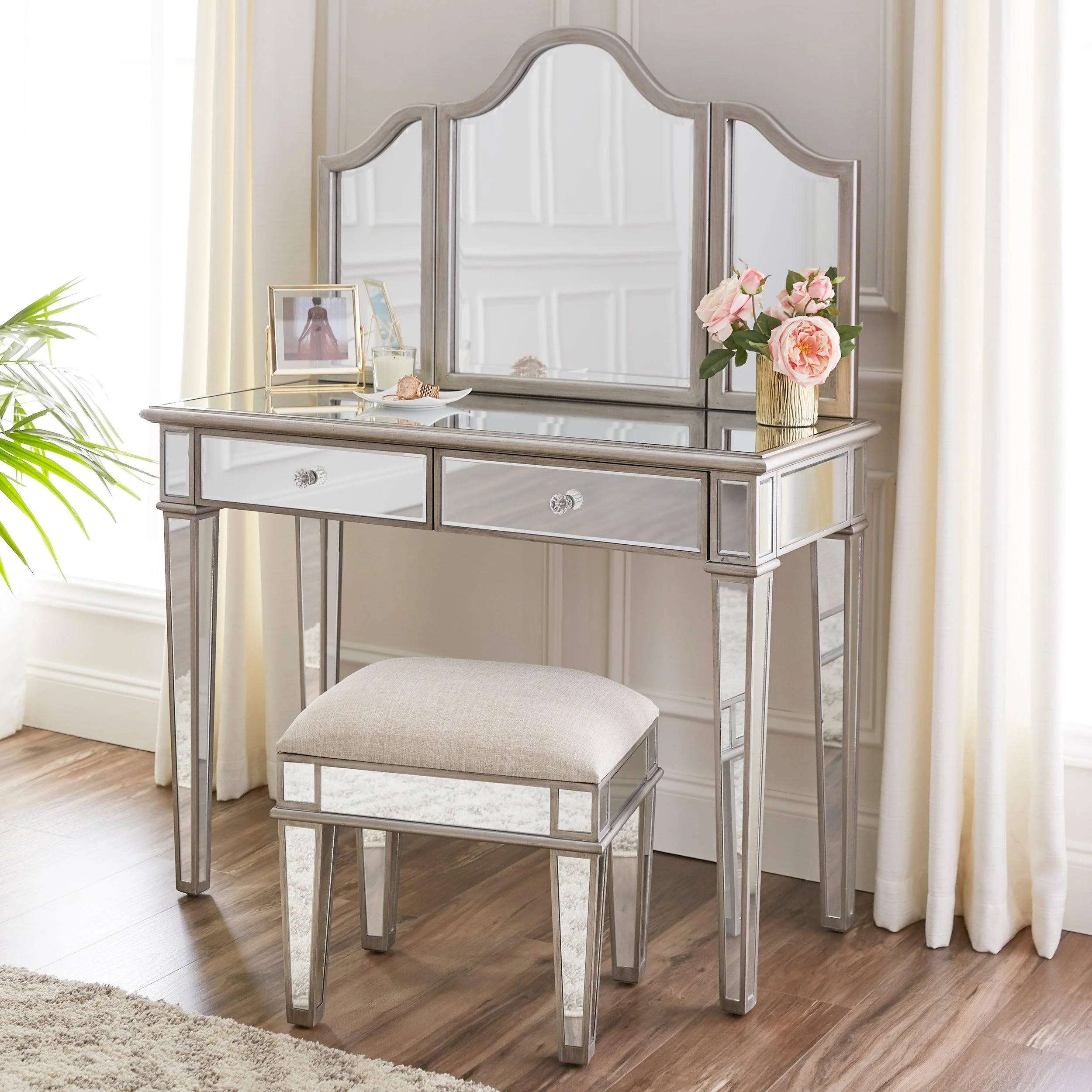 Kalla Mirrored Vanity Set w/ Storage – 2pc - Remutear