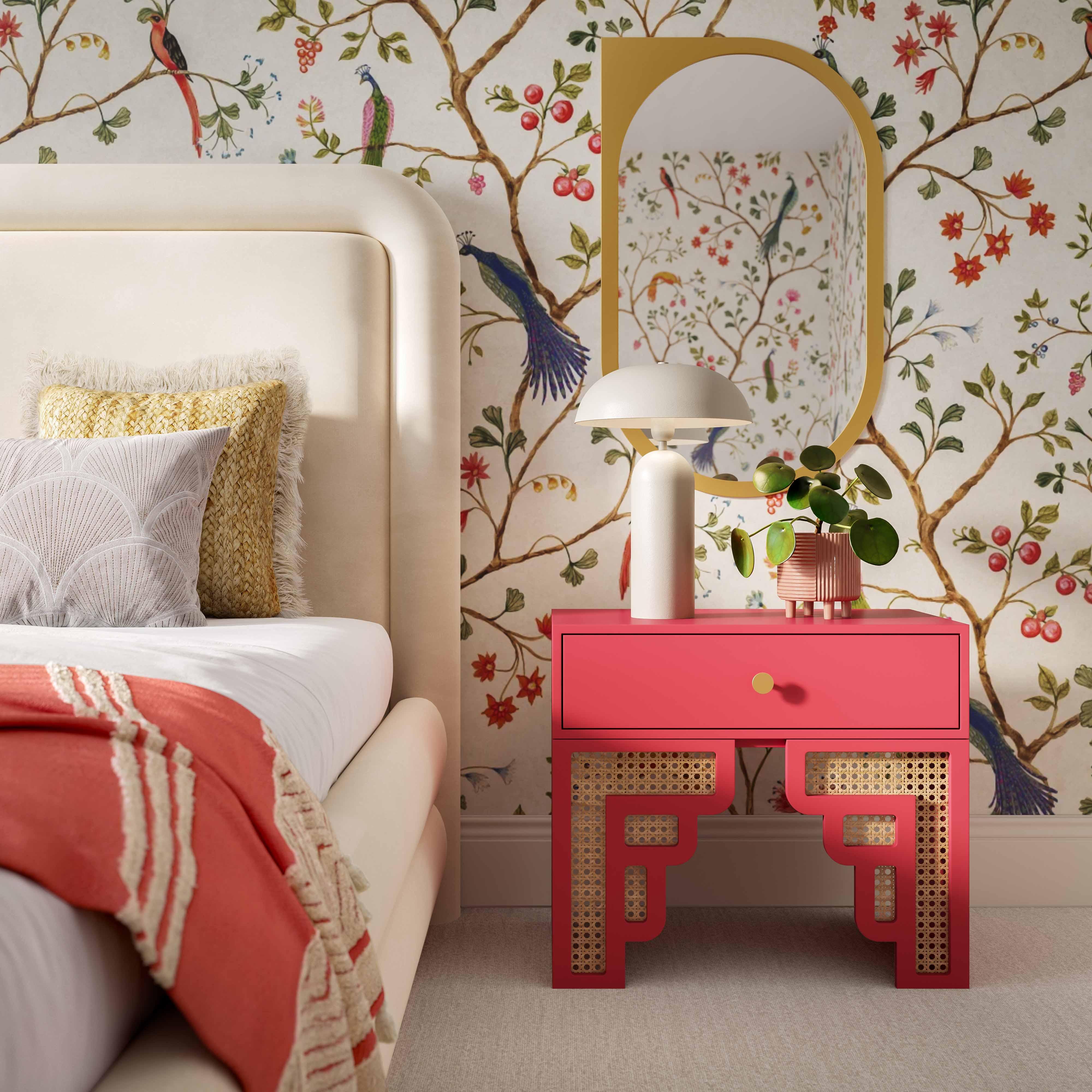 Suzie Coral Pink & Rattan Nightstand - Remutear