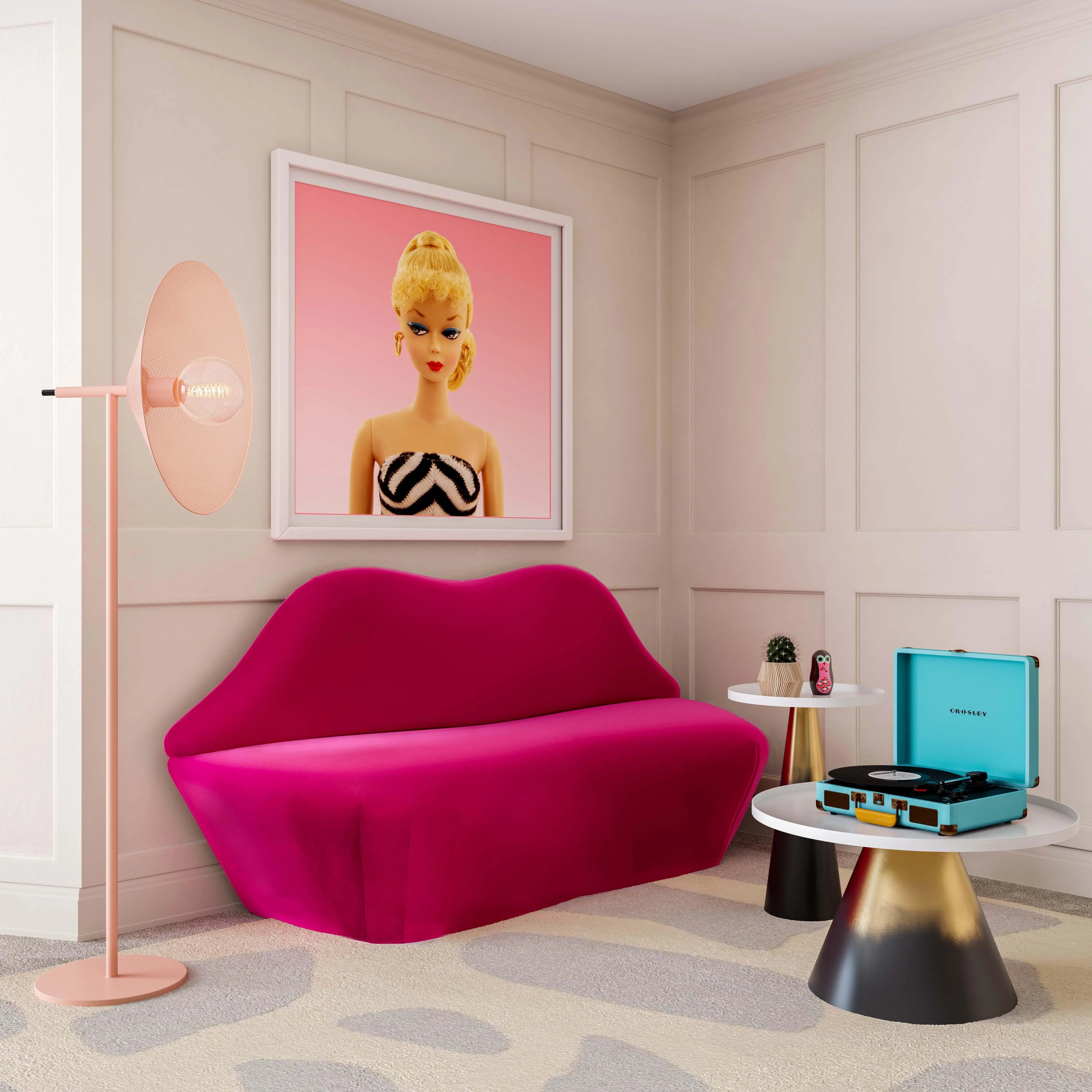 Lips Hot Pink Velvet Settee - Remutear