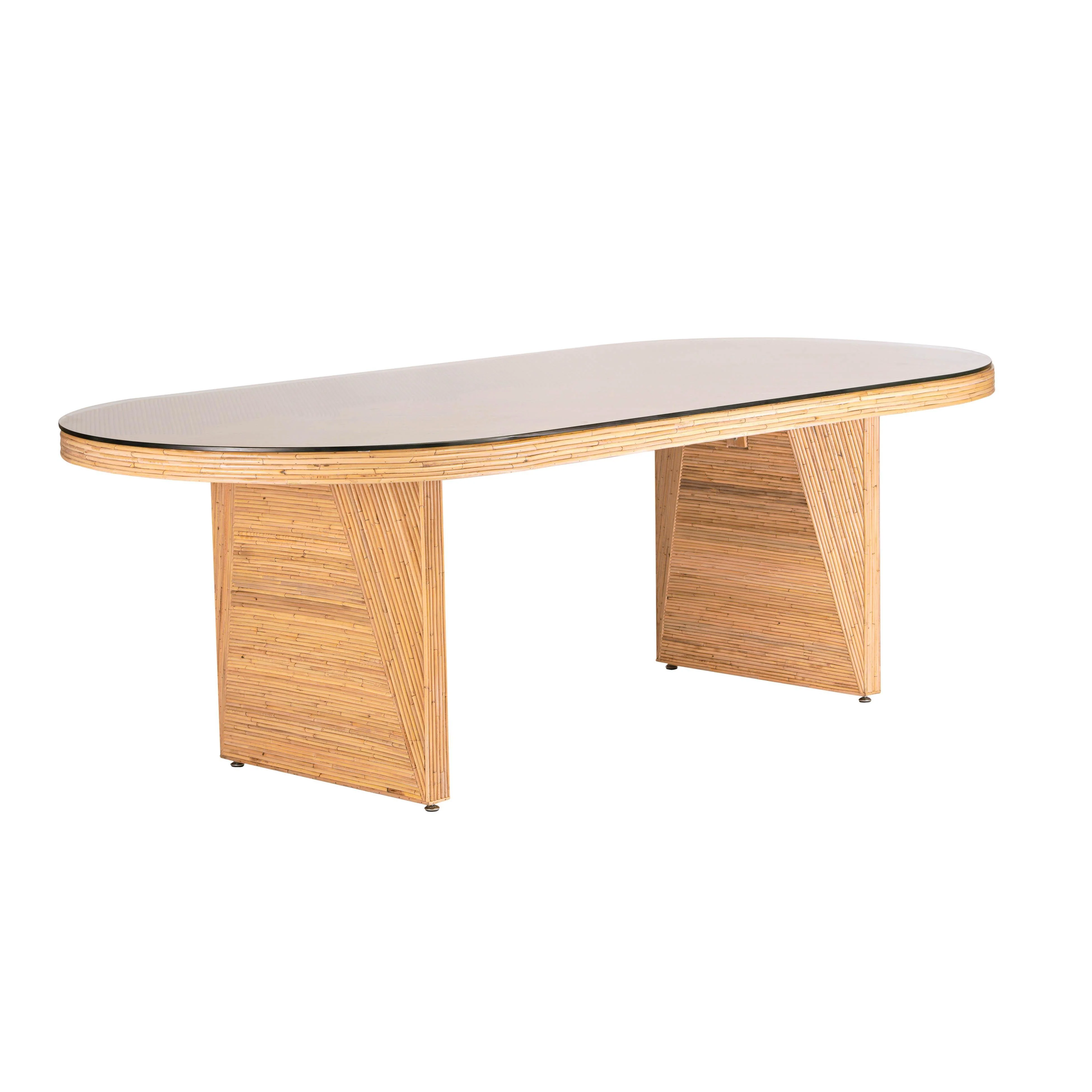 Caren Natural Rattan and Glass Oval Dining Table - Remutear
