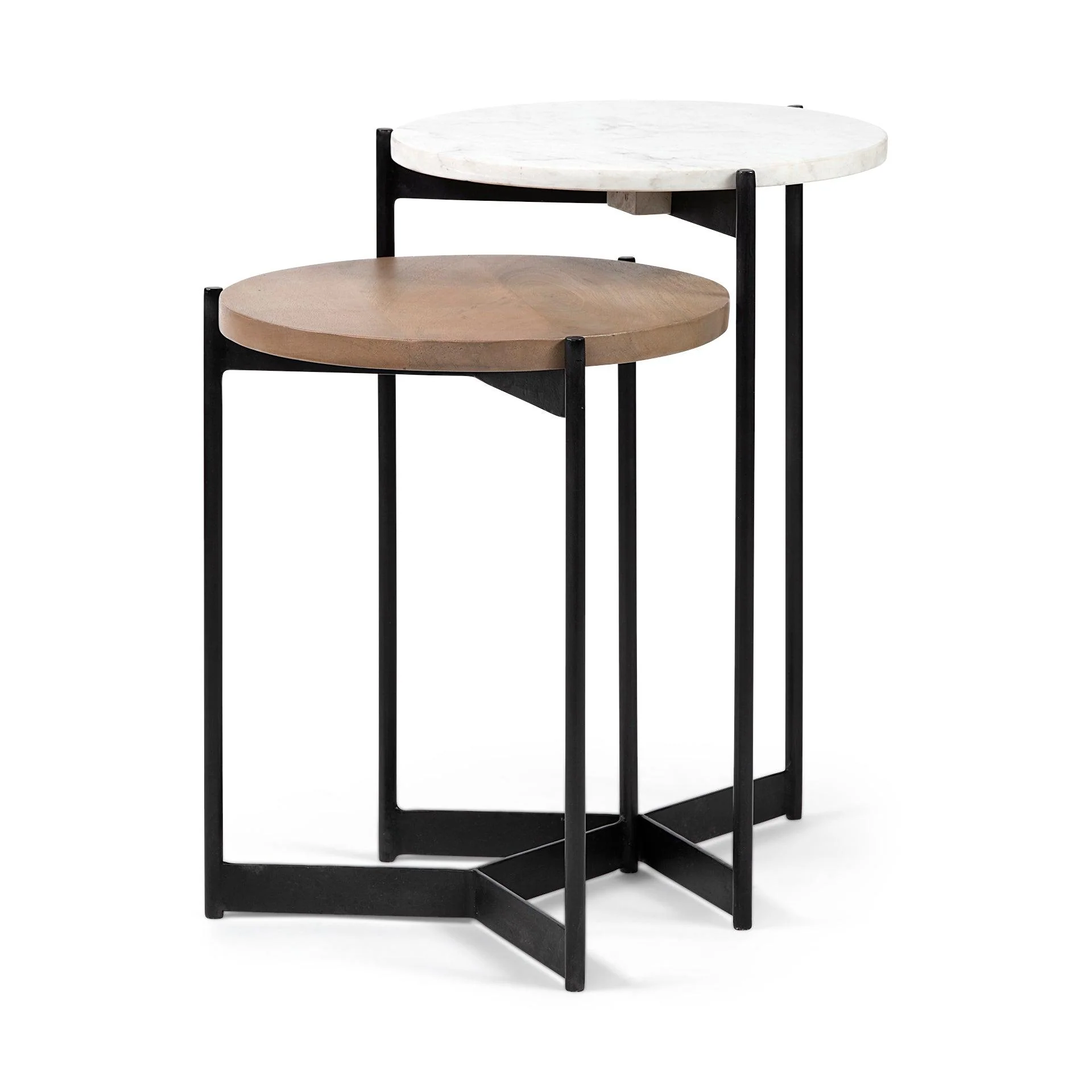 Larkin II Marble and Medium Brown Wood Round Tabletop Nesting End/Side Tables - Remutear