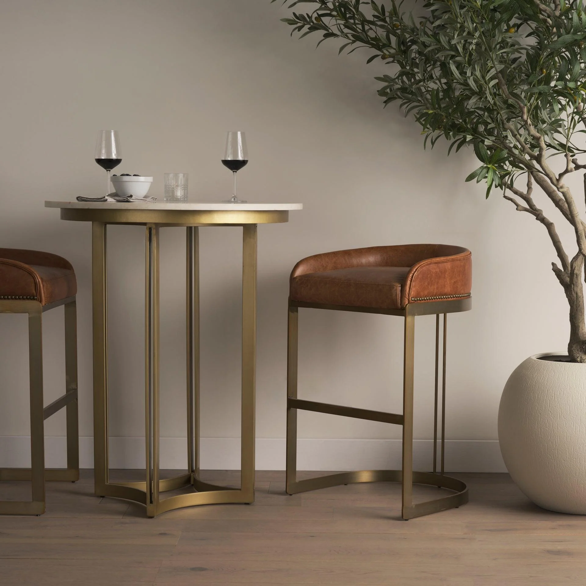 Hollyfield II Brown Leather Seat Gold Metal Base Bar Stool - Remutear