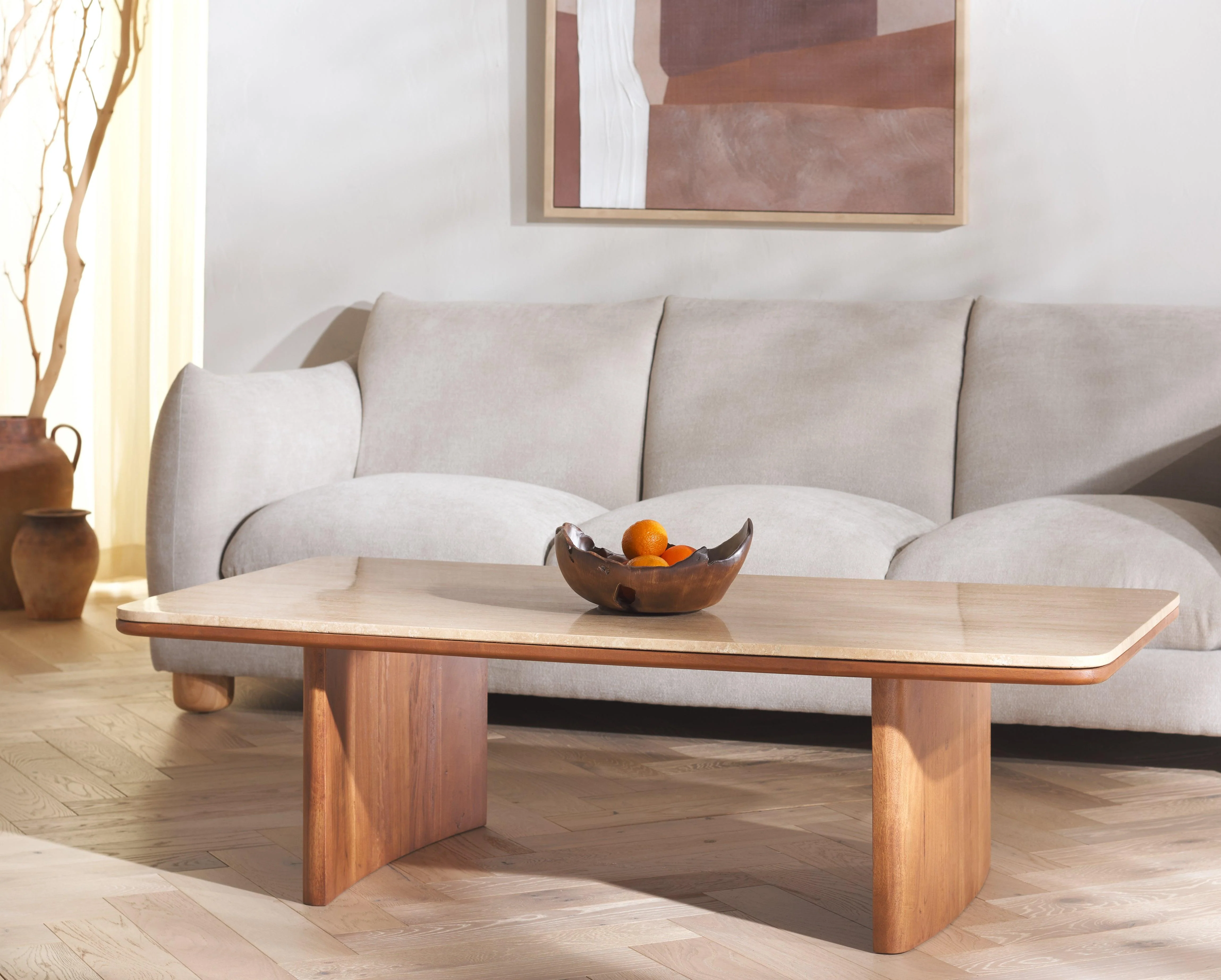 TRINSLY TRAVERTINE TOP COFFEE TABLE - Remutear