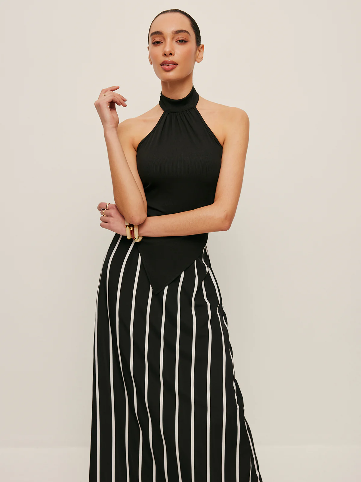 High Neck Asymmetric Panel Stripe Skirt Set - Remutear