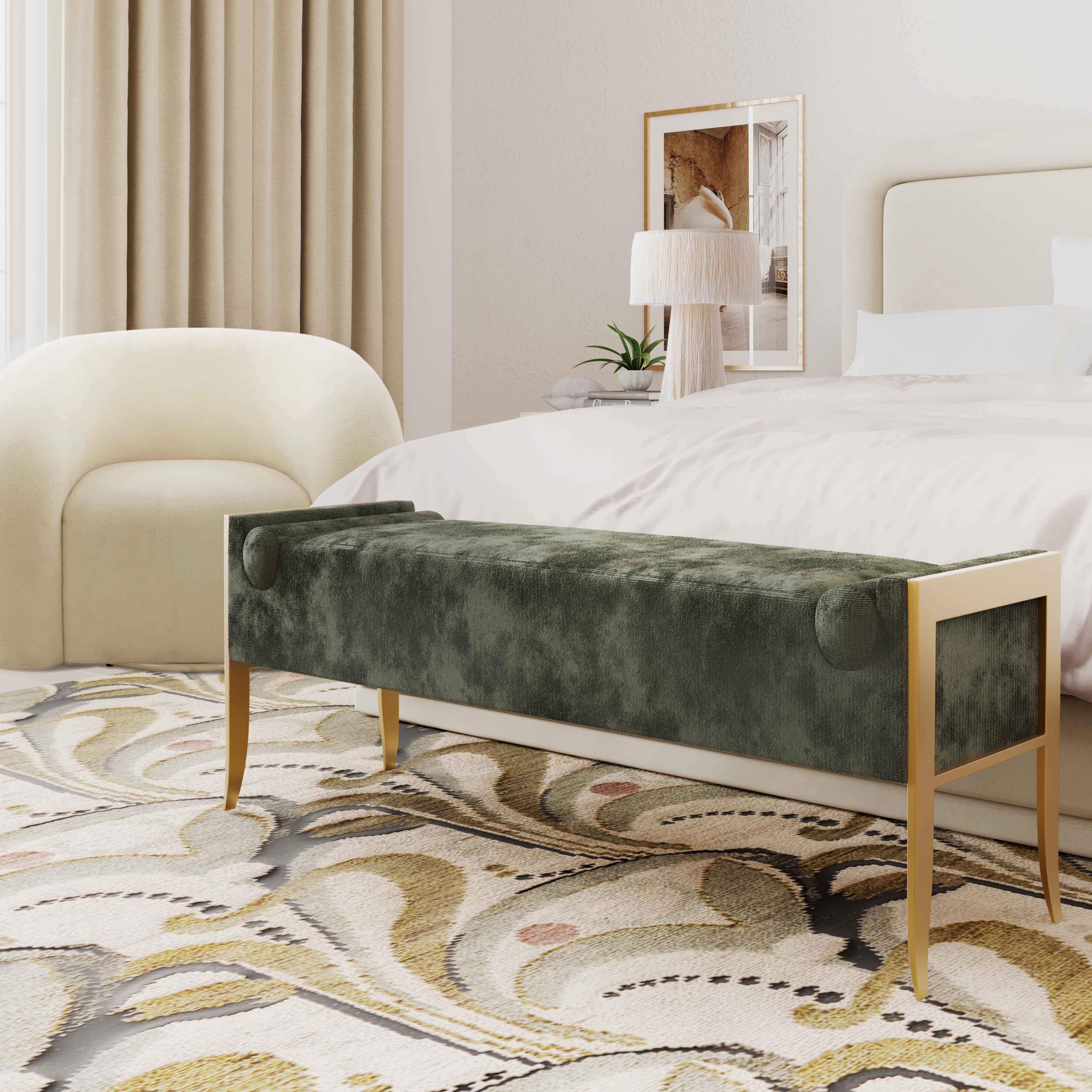 Ines Green Textured Velvet Bench - Remutear