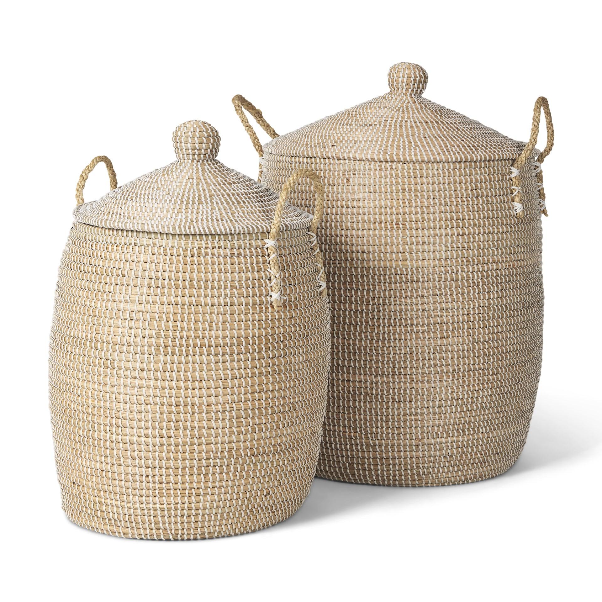 Kairi Set of 2 Seagrass Floor Baskets w/ Lids and Handles - Remutear