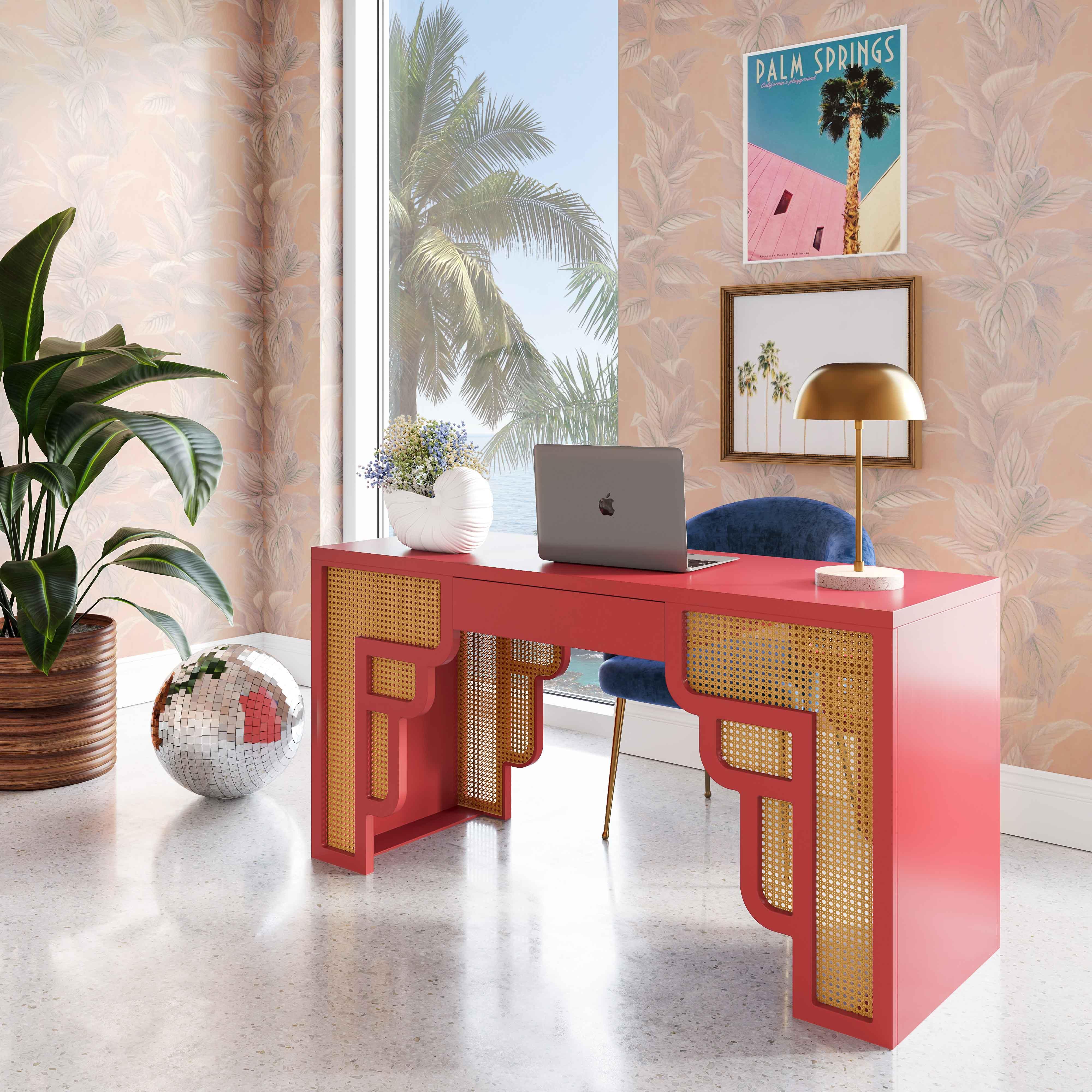 Suzie Coral Pink & Rattan Executive Desk - Remutear