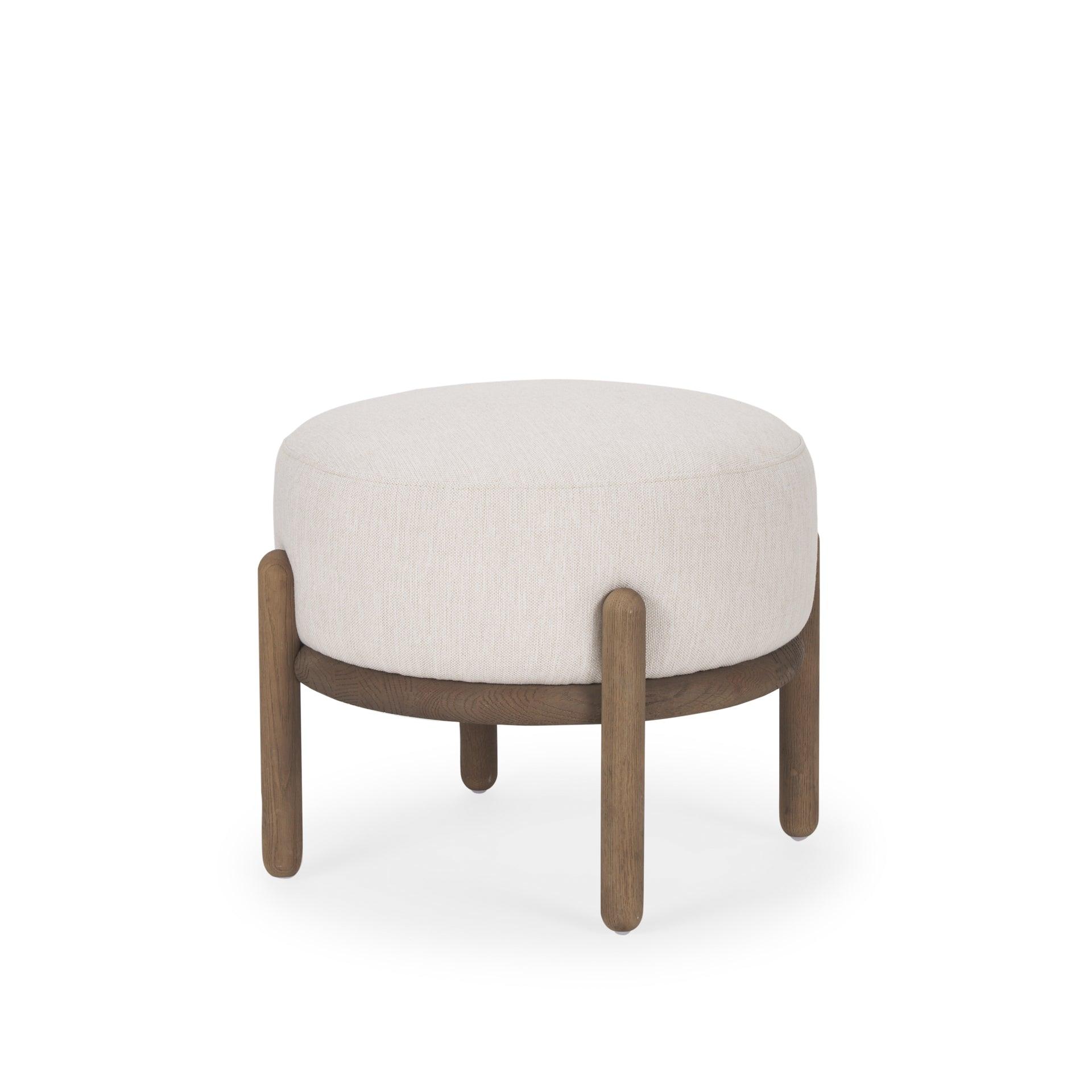 Gwynn Oatmeal Fabric w/ Dark Brown Wood Pouf - Remutear