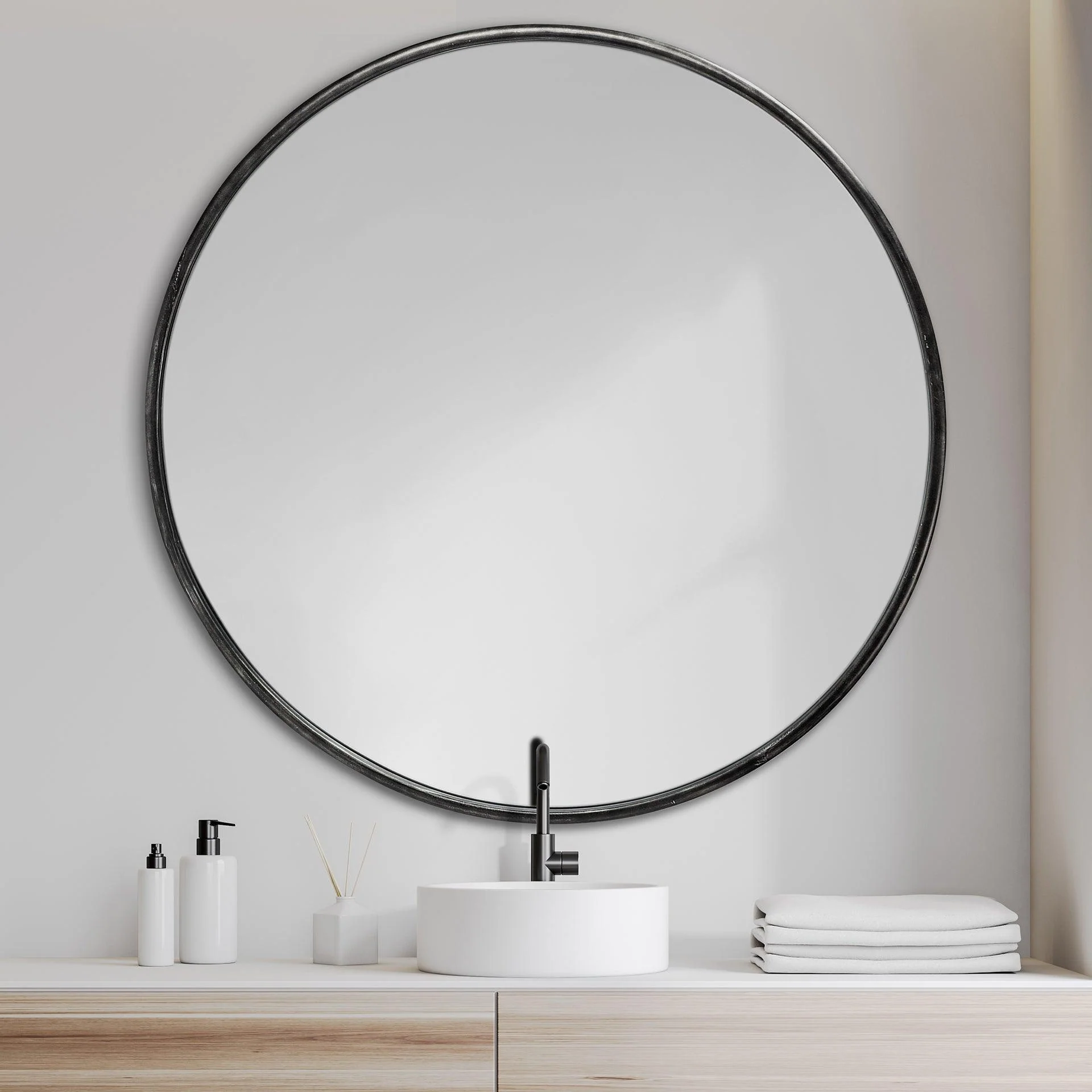 Piper 47.2L x 1.0W x 47.2H Large Black Metal Round Wall Mirror - Remutear