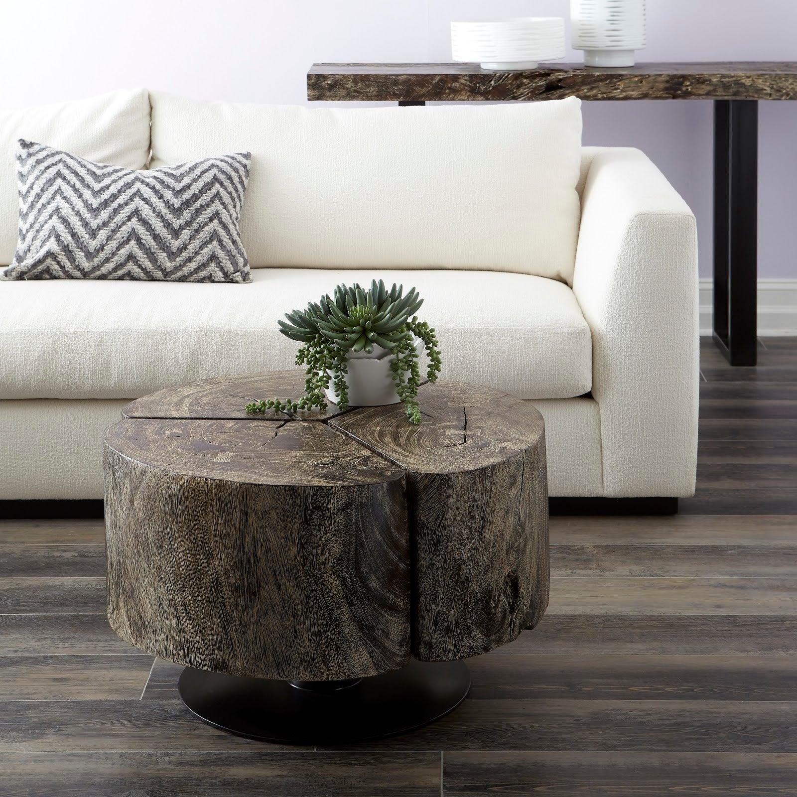 Clover Coffee Table, Chamcha Wood, Gray Stone Finish, Metal Base - Remutear