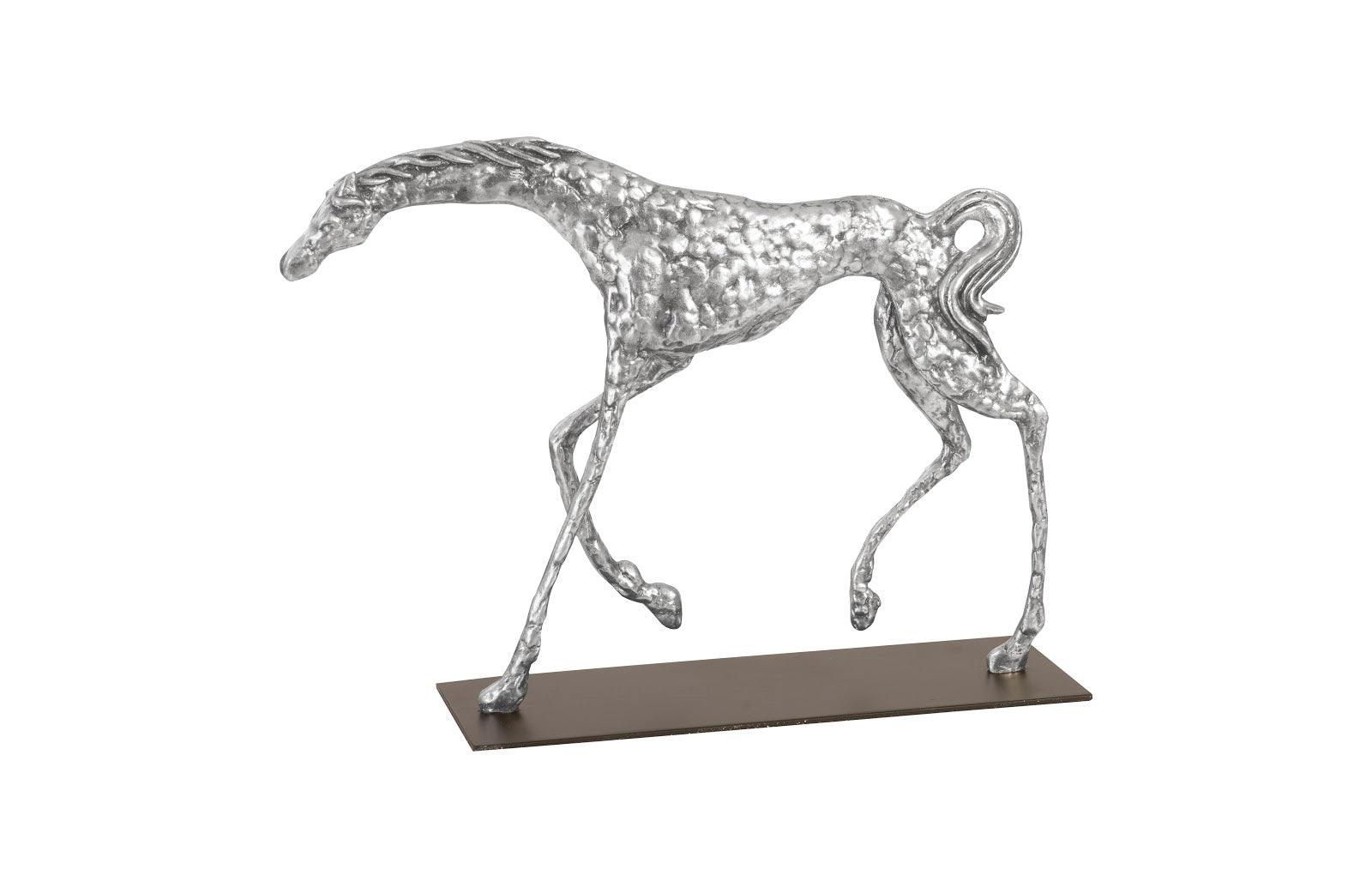Prancing Horse Sculpture on Black Metal Base, Silver Leaf - Remutear