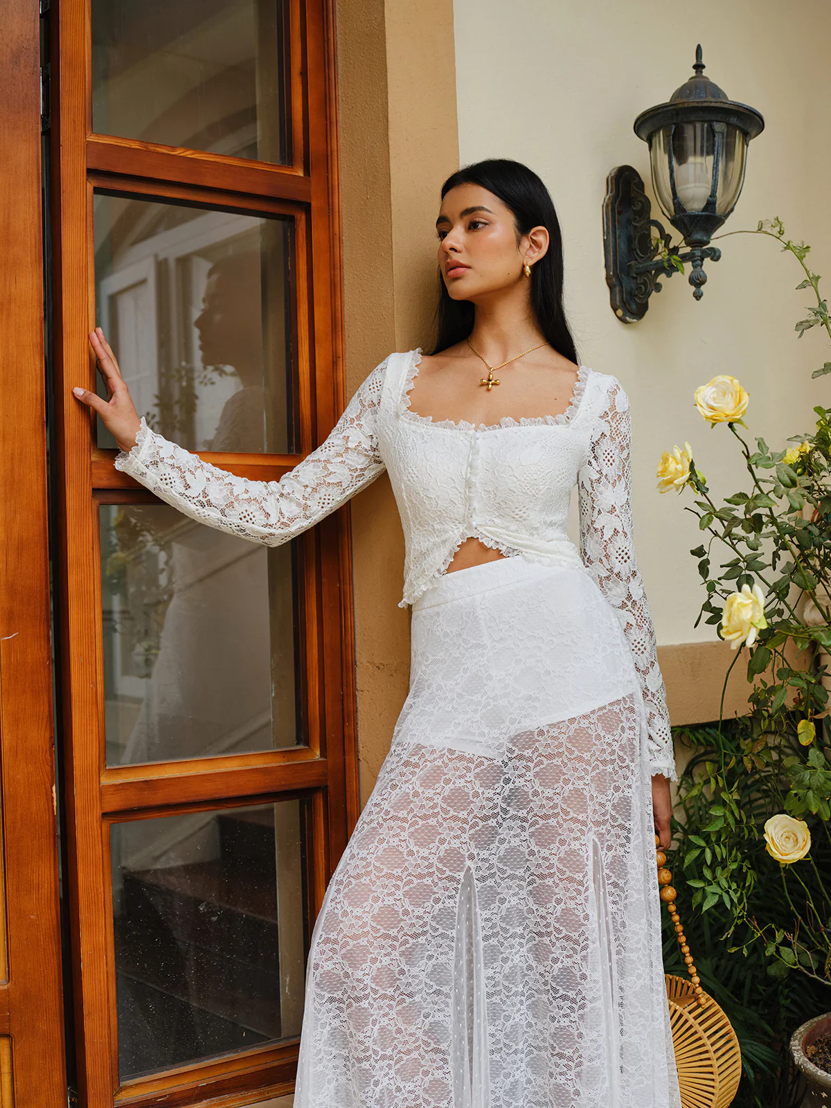 Semi-Sheer Lace Ruffled Trim Buttoned Crop Top - Remutear