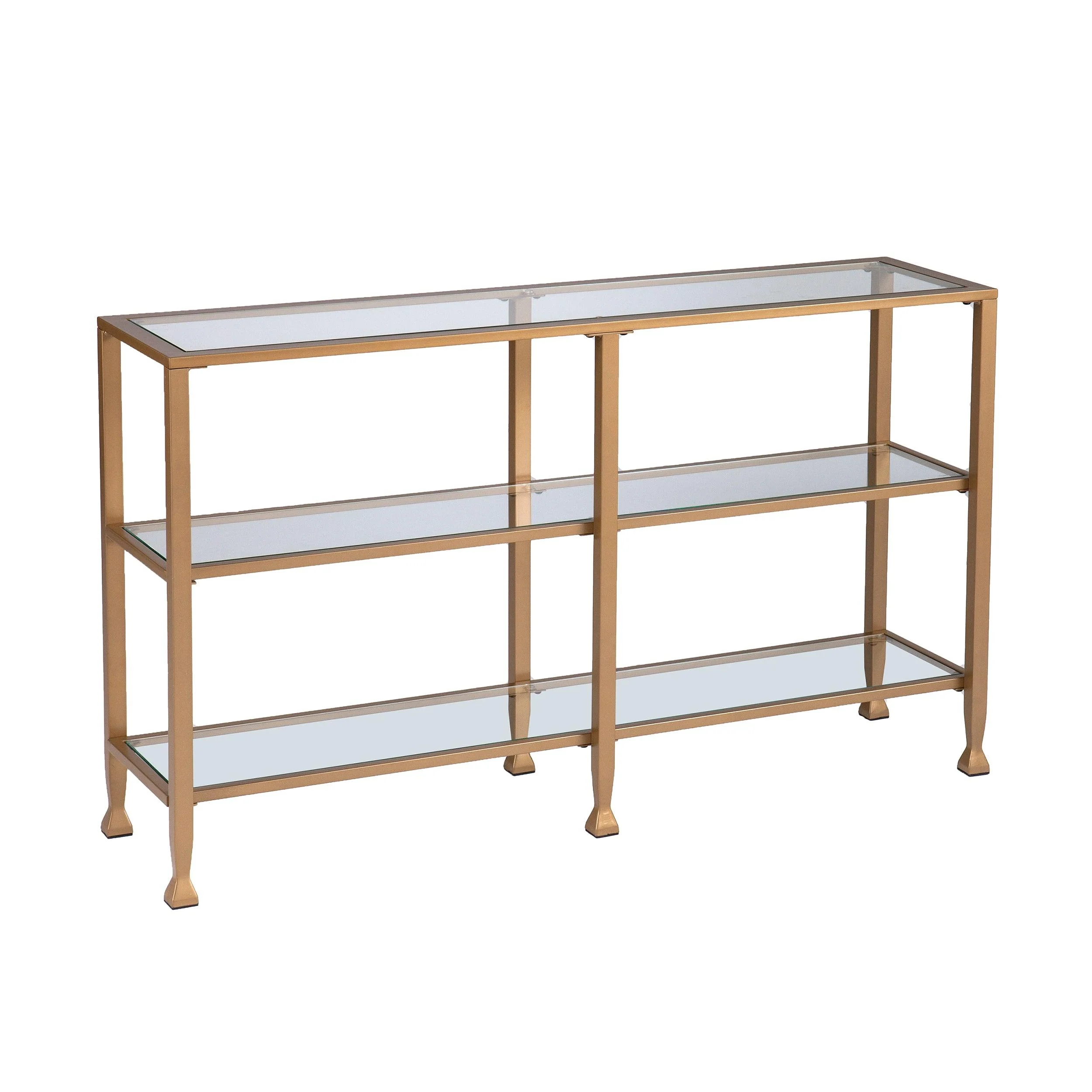 Jaymes Narrow Metal Console Table w/ Glass Shelves - Gold - Remutear