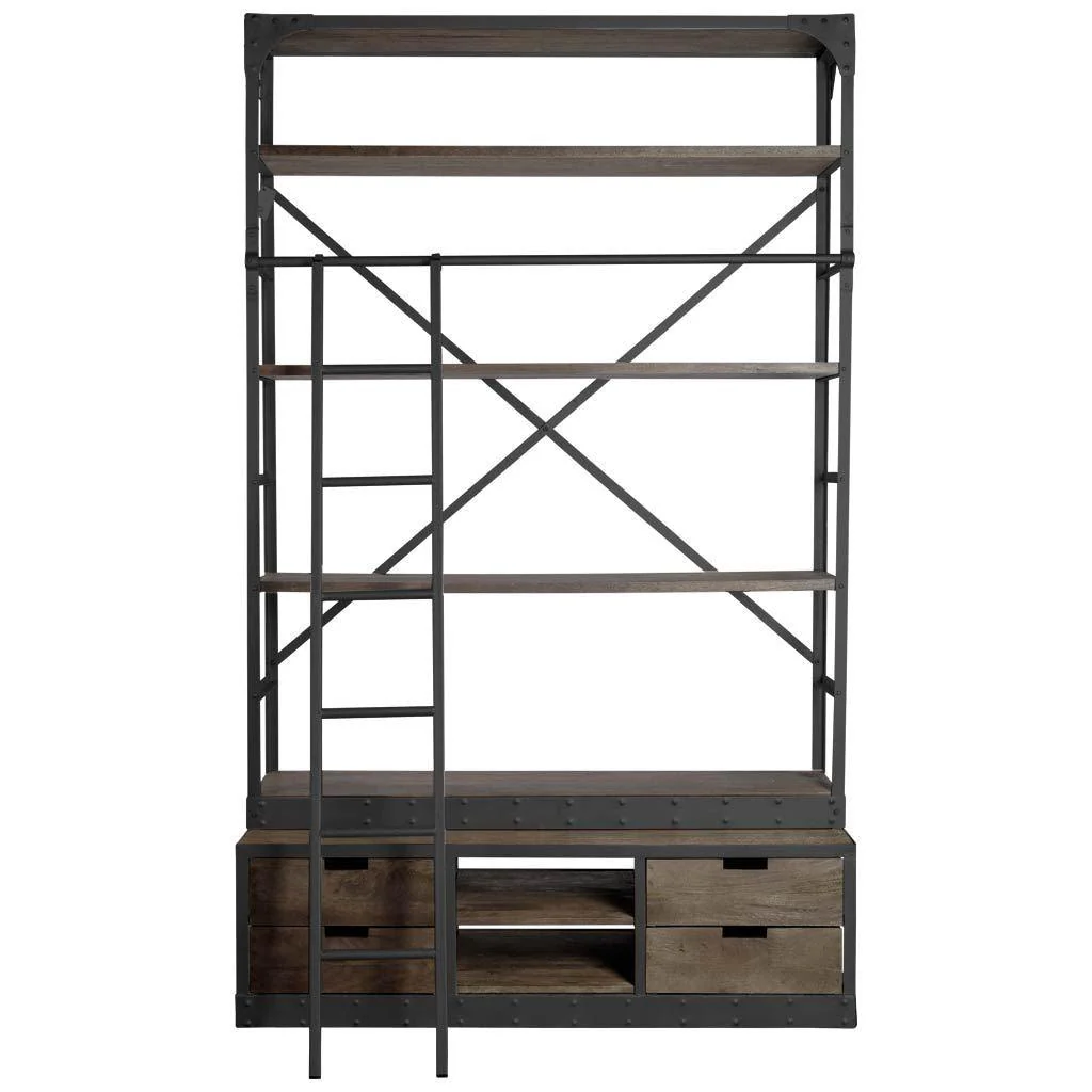 Brodie VIII 57L x 20.5W x 94H Brown Wood Gun-Metal Ladder Four Shelf Shelving Unit - Remutear