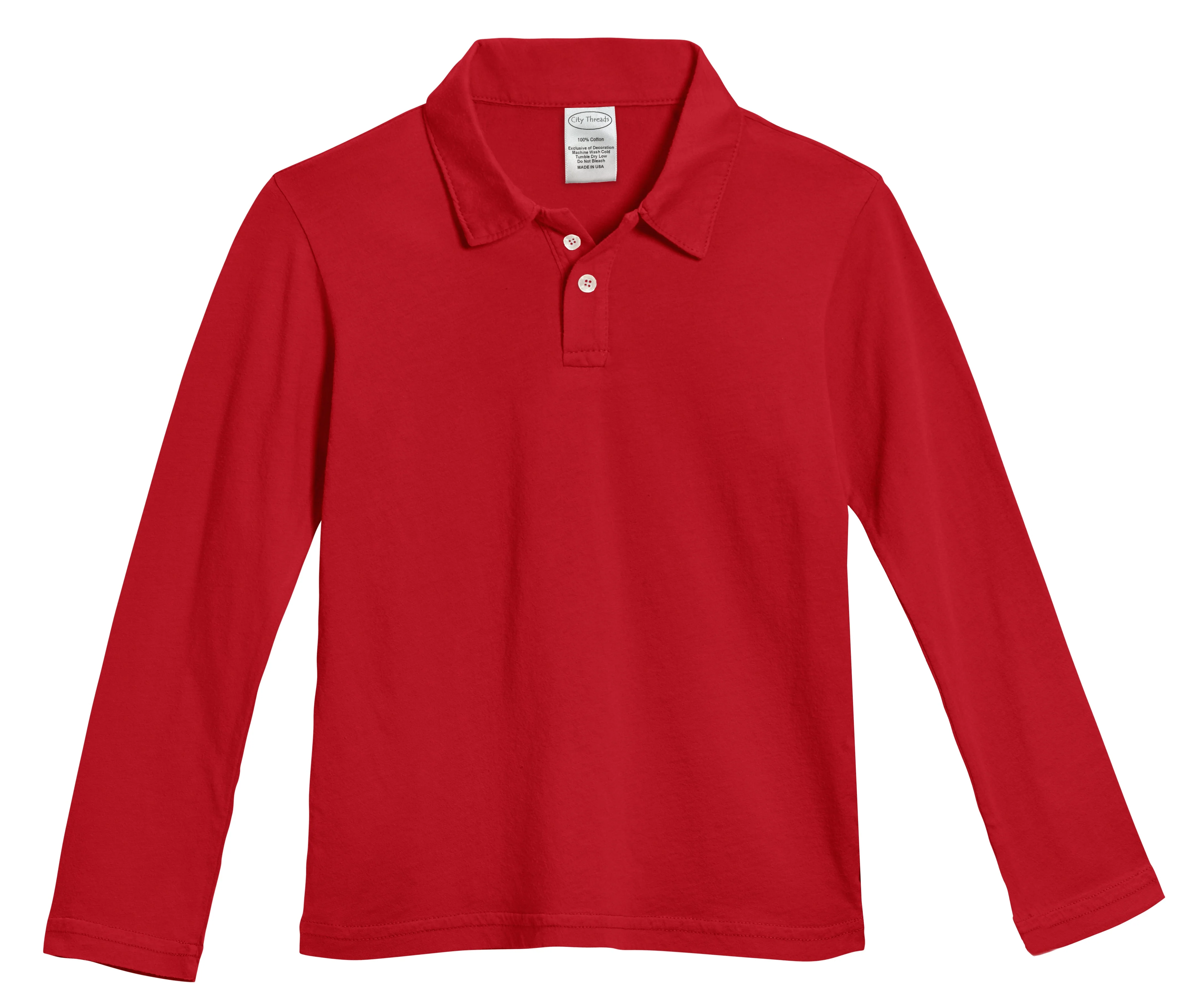 Boys Soft Cotton Jersey 2-Button Long Sleeve Polo Shirt | Uniform Red - Remutear