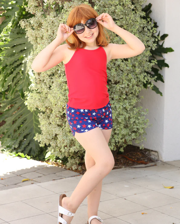 Girls UPF 50+ Recycled Poly Printed Swim Trunks | Tie Dye Blue White Flowers - Remutear