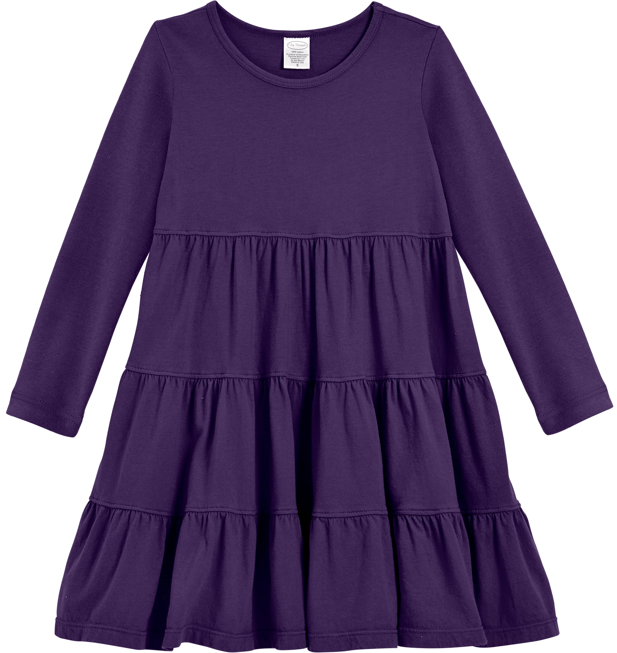 Girls Soft Cotton Jersey Long Sleeve Tiered Dress | Purple - Remutear