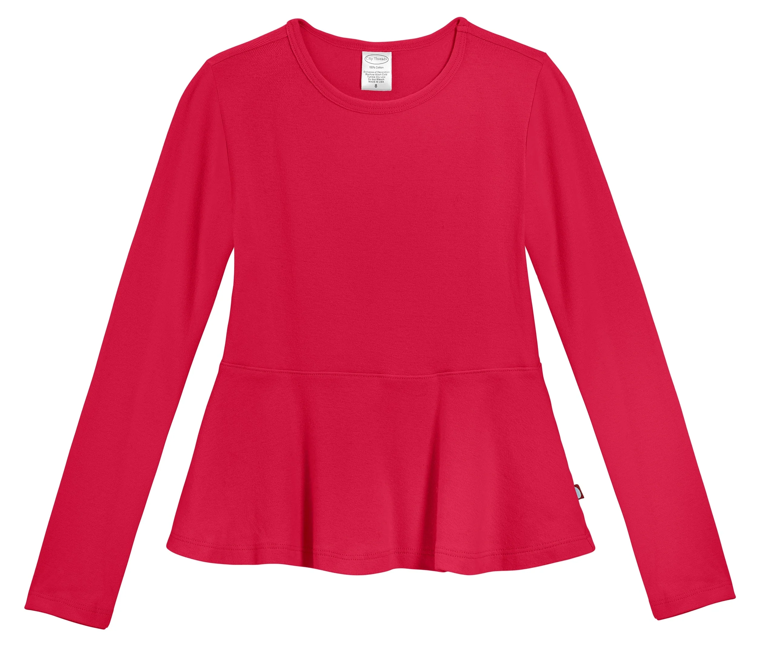 Girls Soft Cotton Long Sleeve Peplum Tee | Candy Apple - Remutear