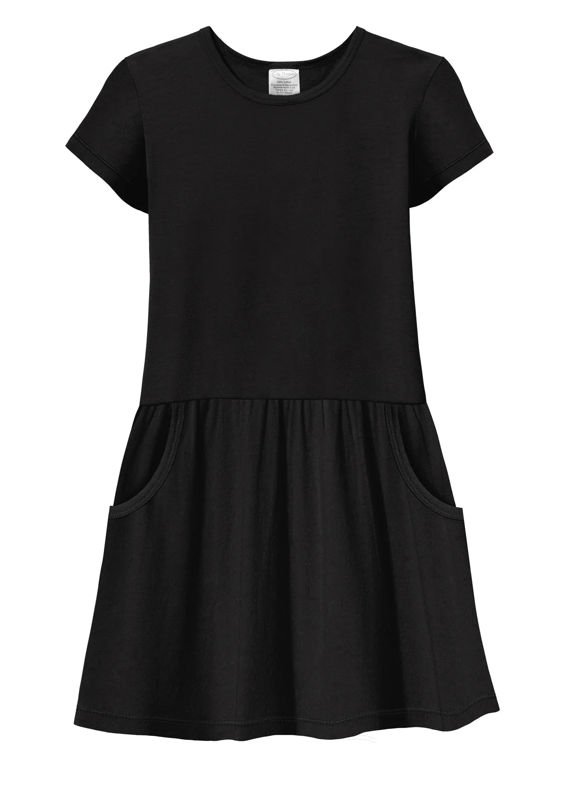 Girls Soft Cotton Jersey Short Sleeve Drop Waist Pocket Dress - Remutear