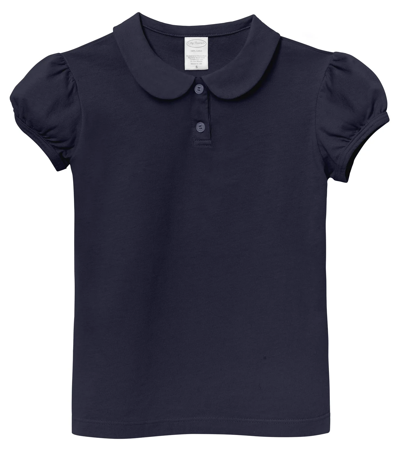 Girls Soft Cotton Jersey Peter Pan Collar Polo Puff Short Sleeve Tee-Seconds | Damage Dark Navy - Remutear