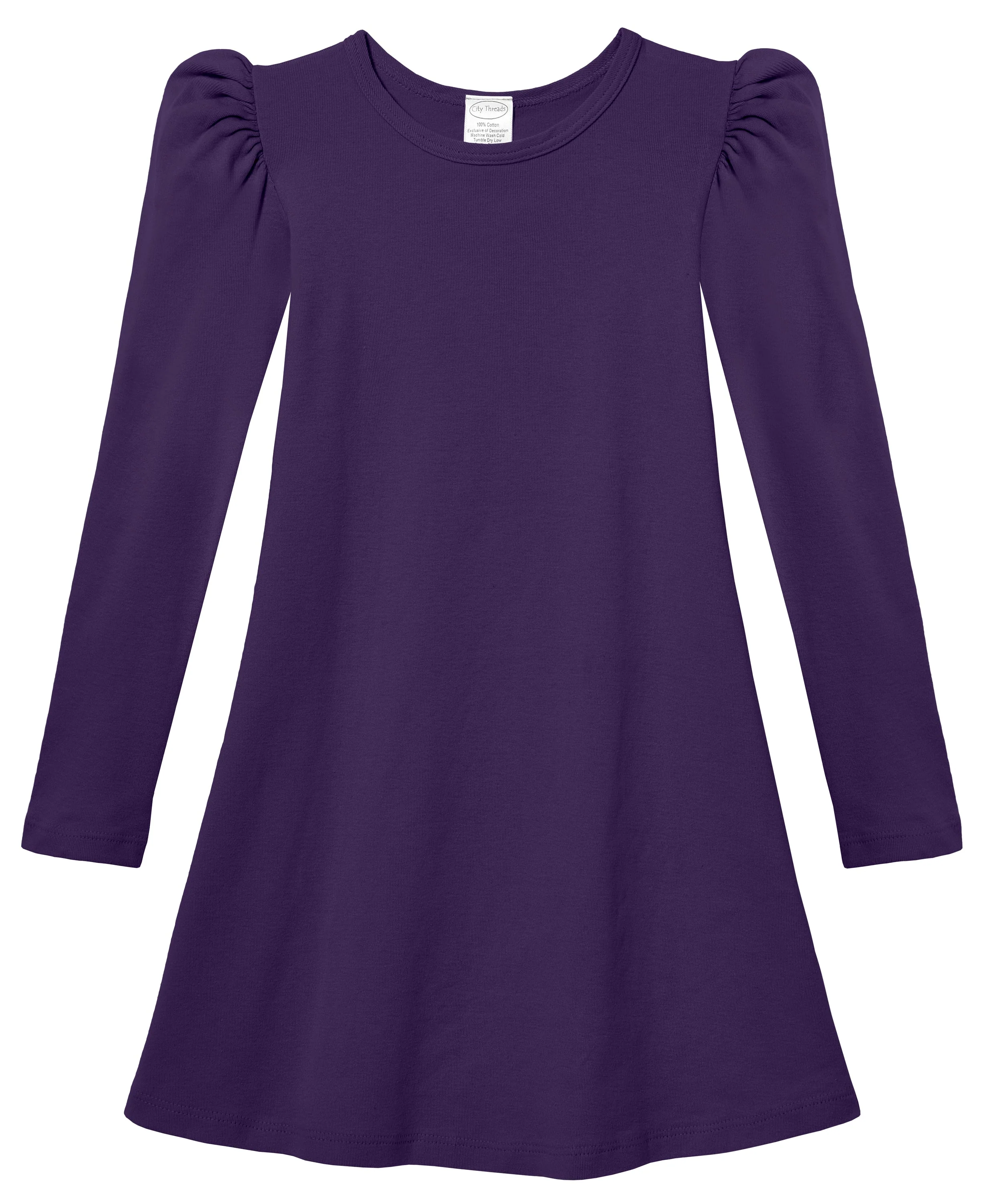 Girls Soft Cotton Puff Long Sleeve Dress | Purple - Remutear