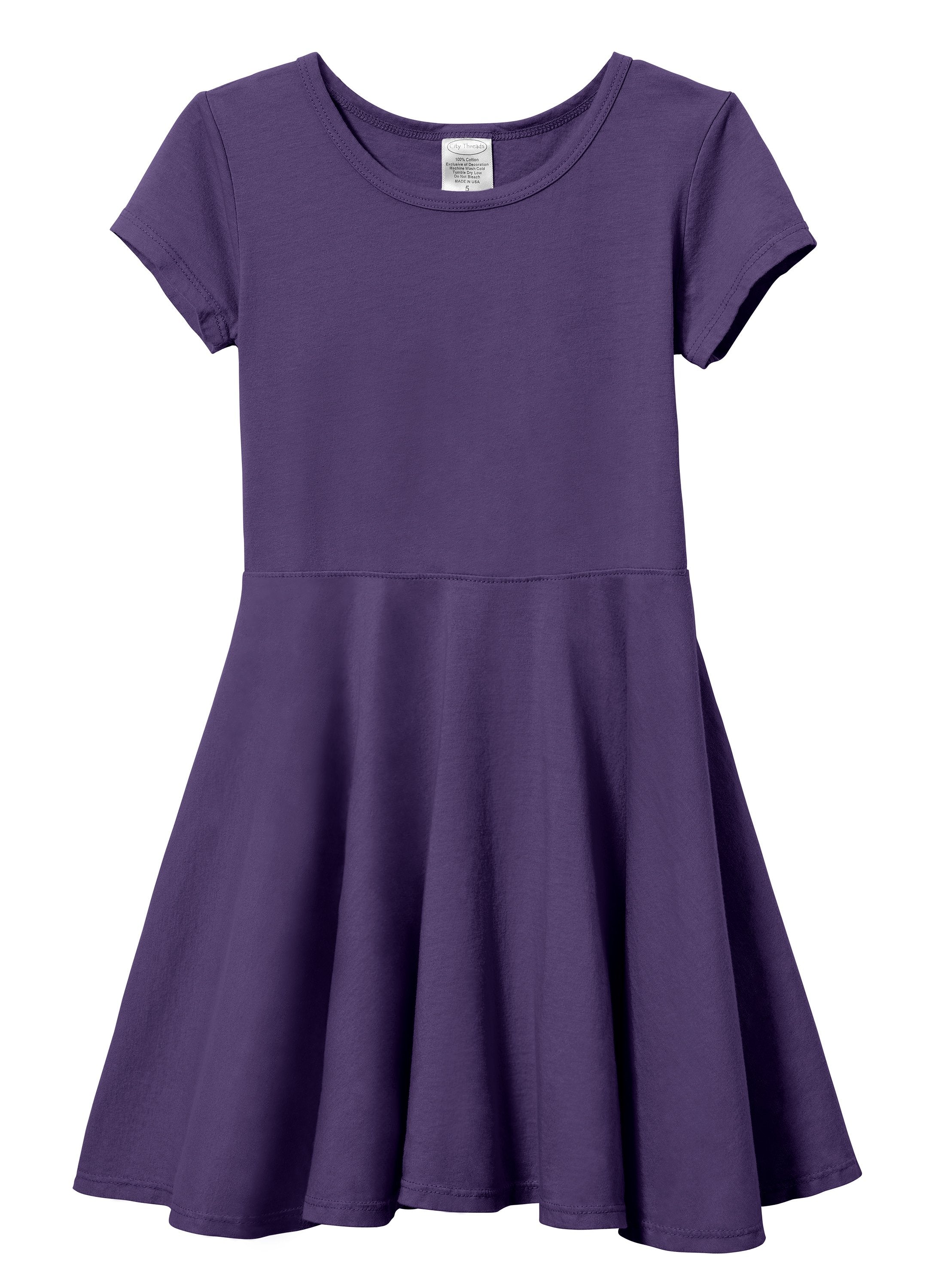 Girls Soft Cotton Jersey Short Sleeve Twirly Dress | Purple - Remutear